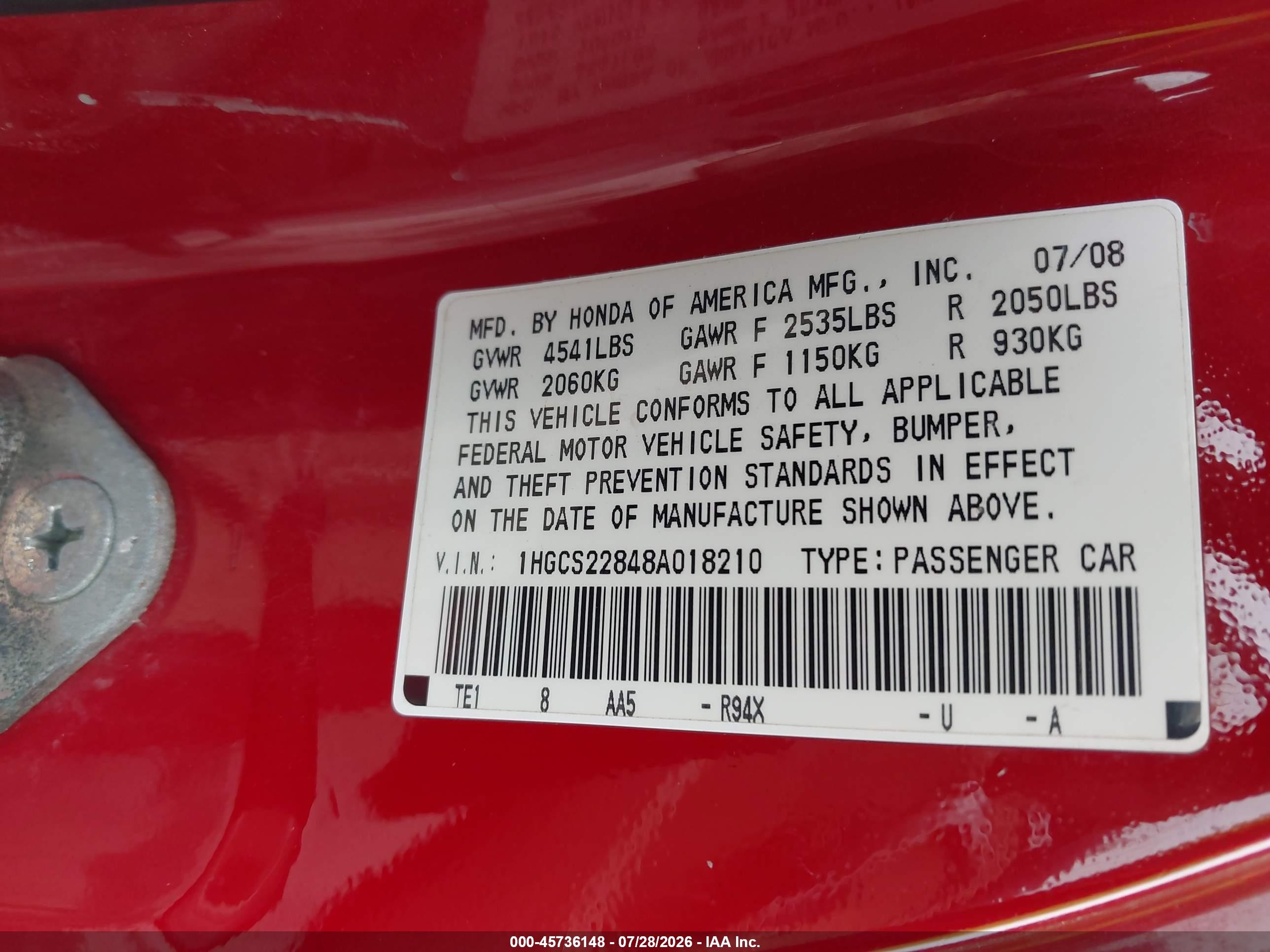 2008 Honda Accord 3.5 Ex-l Красный vin: 1HGCS22848A018210