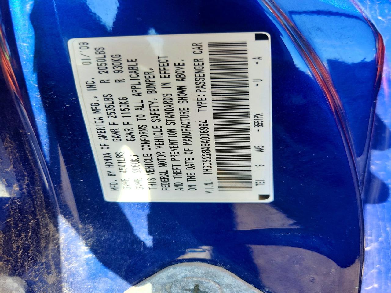2009 Honda Accord Exl Blue vin: 1HGCS22849A006964