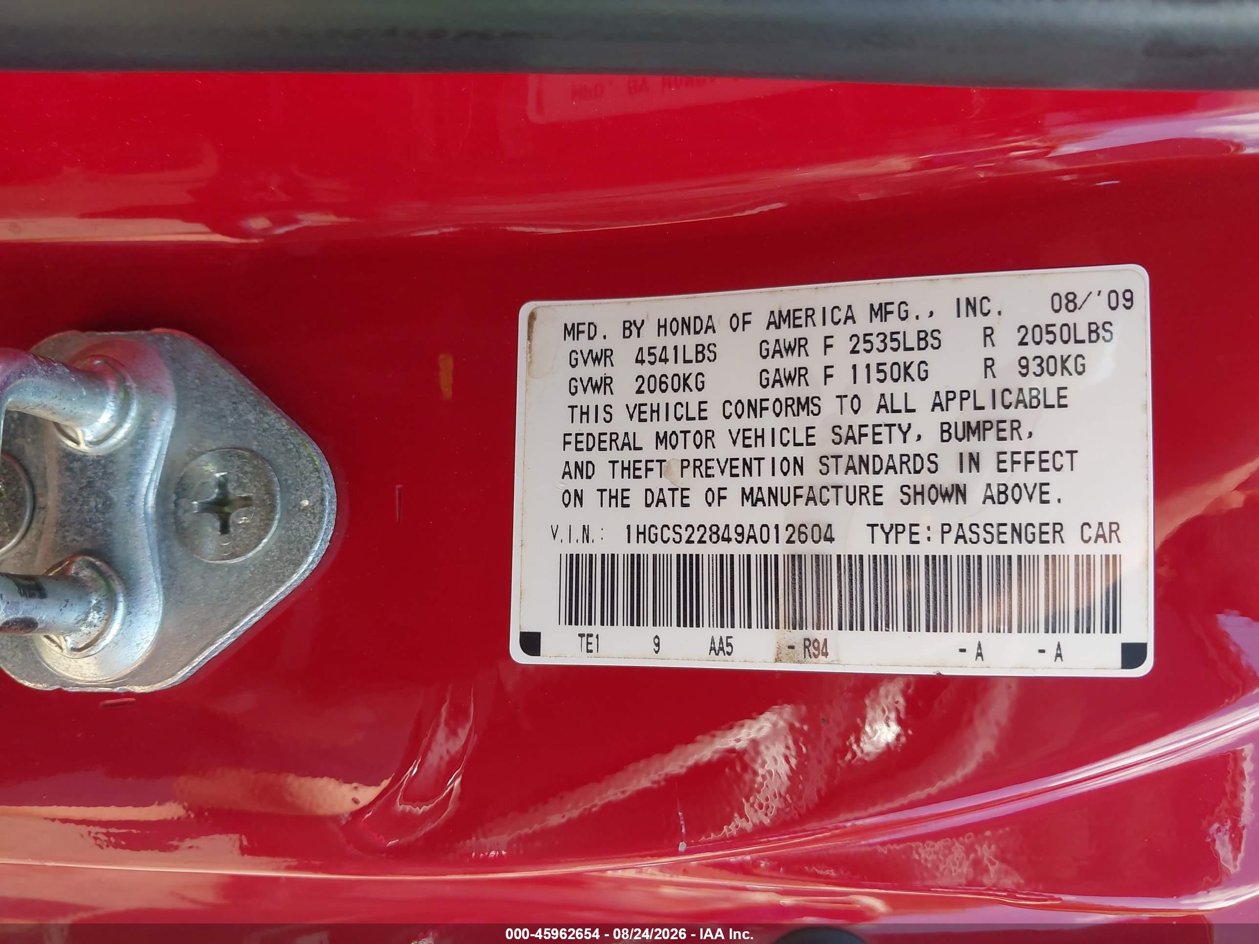 2009 Honda Accord 3.5 Ex-l Red vin: 1HGCS22849A012604