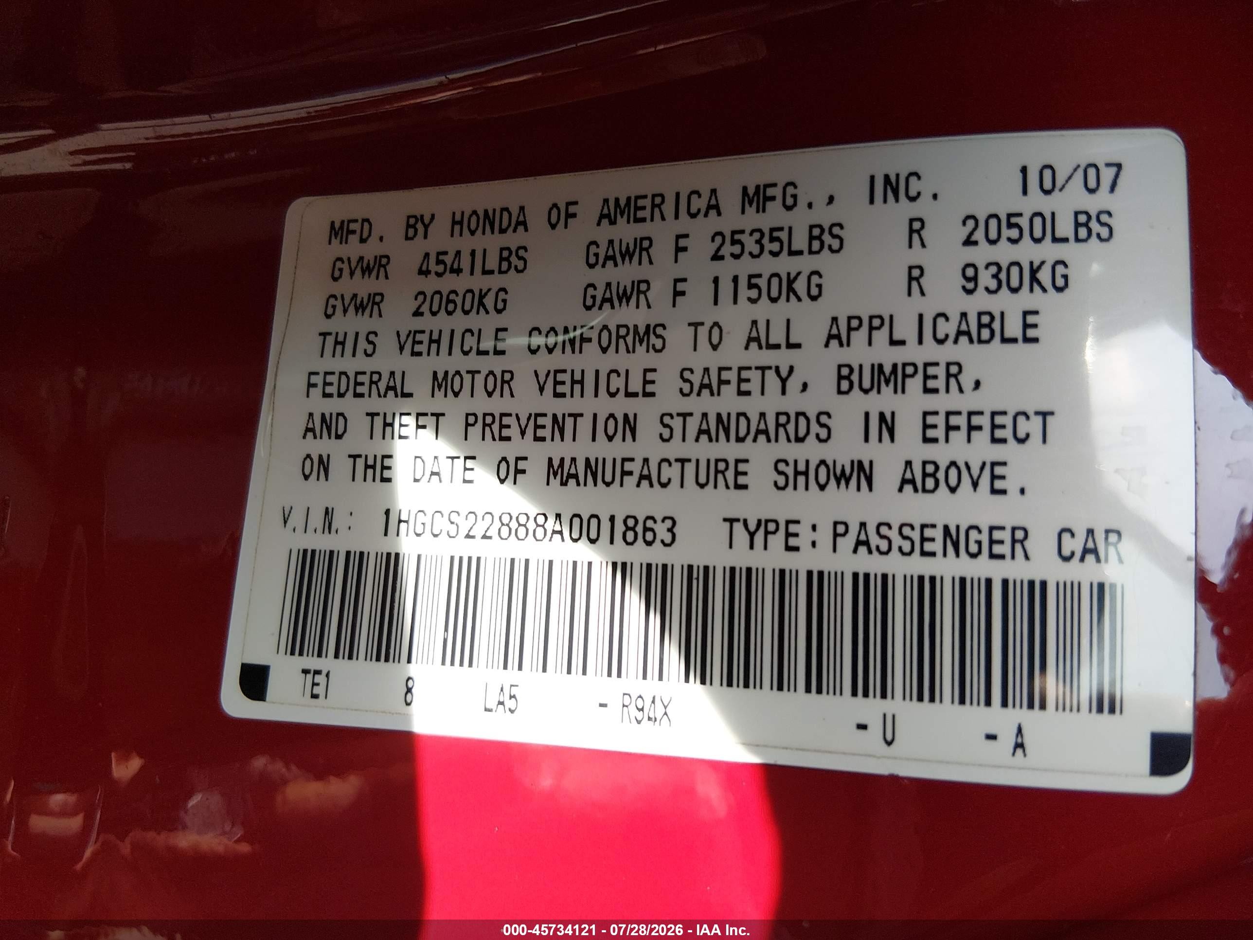 2008 Honda Accord 3.5 Ex-l Red vin: 1HGCS22888A001863