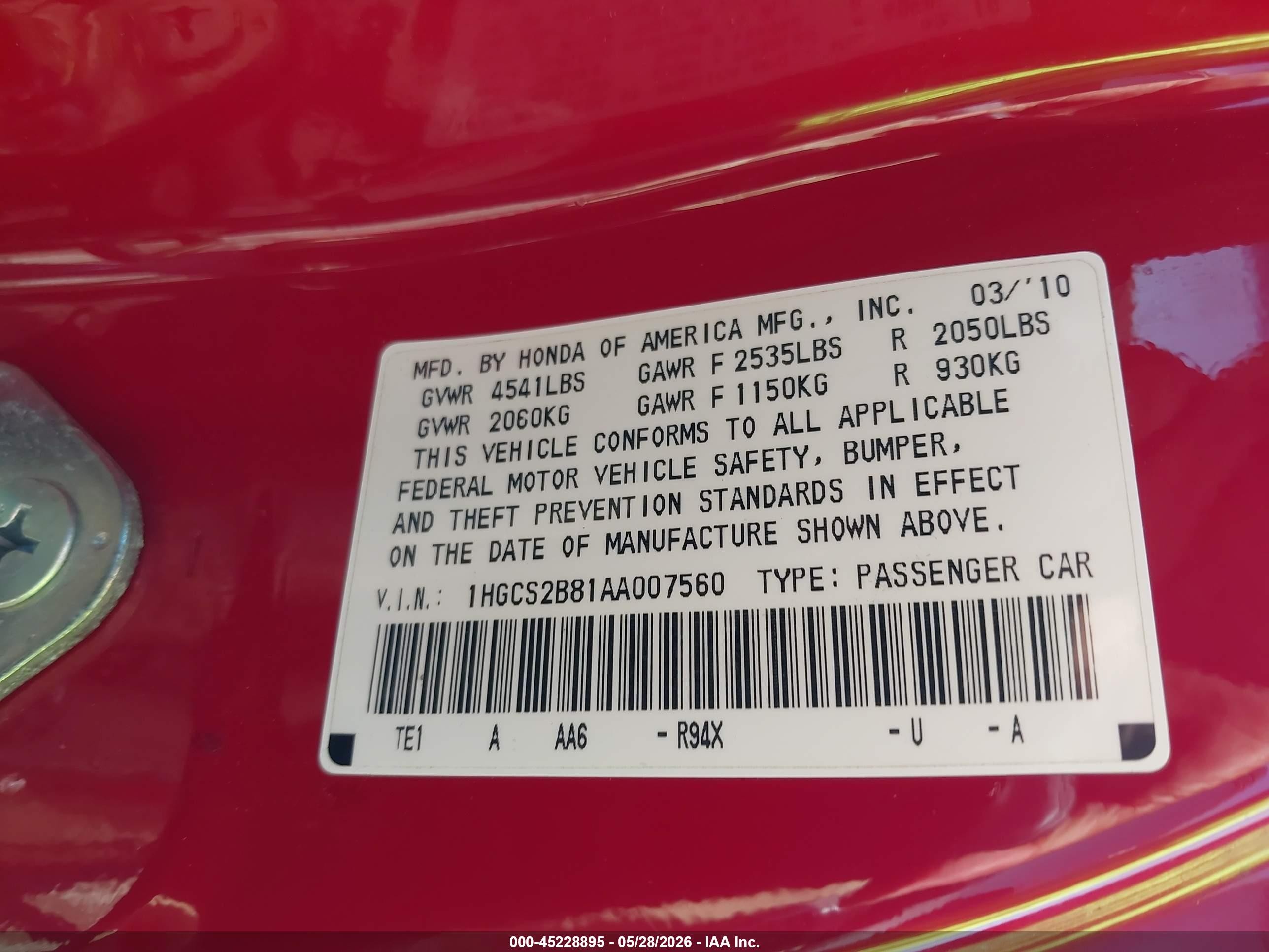 2010 Honda Accord 3.5 Ex-l Red vin: 1HGCS2B81AA007560