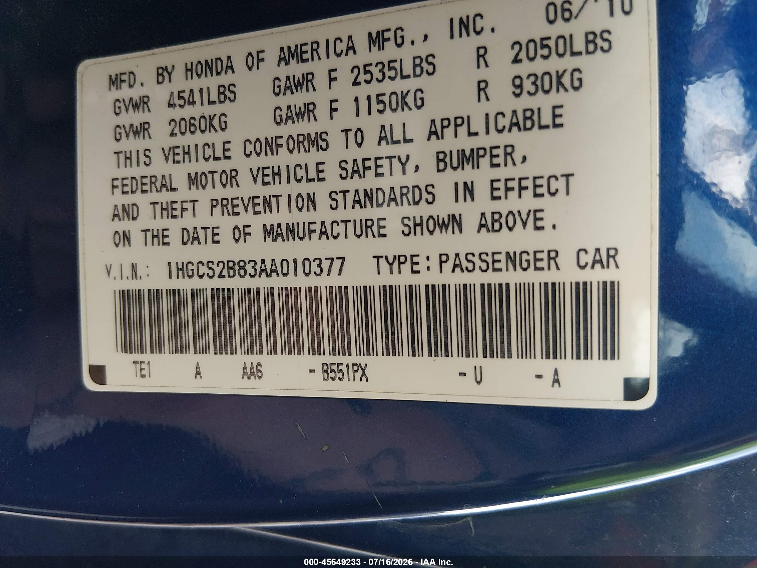 2010 Honda Accord 3.5 Ex-l Blue vin: 1HGCS2B83AA010377
