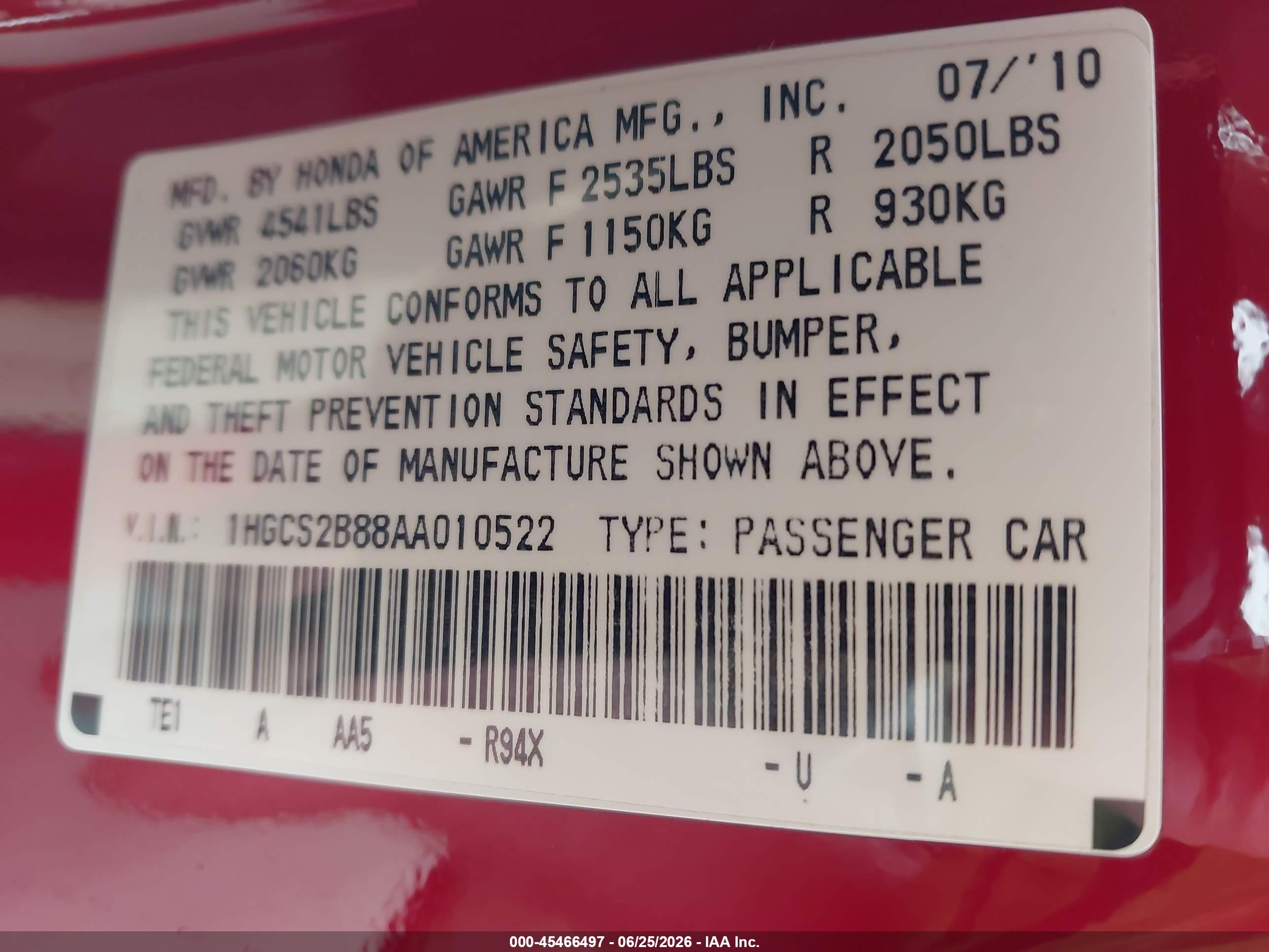 2010 Honda Accord 3.5 Ex-l Red vin: 1HGCS2B88AA010522