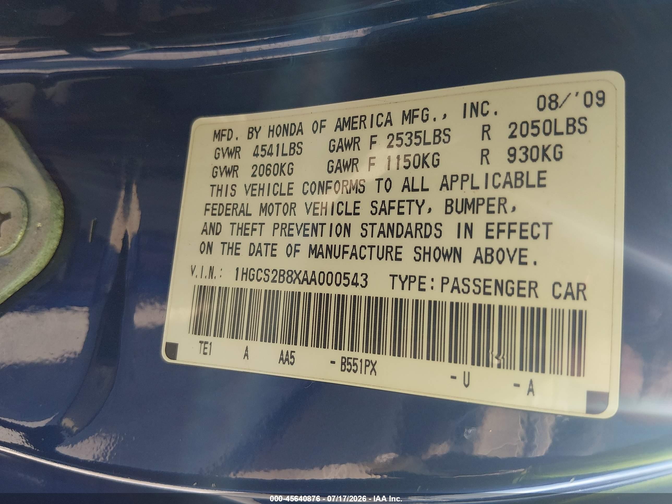 2010 Honda Accord 3.5 Ex-l Blue vin: 1HGCS2B8XAA000543