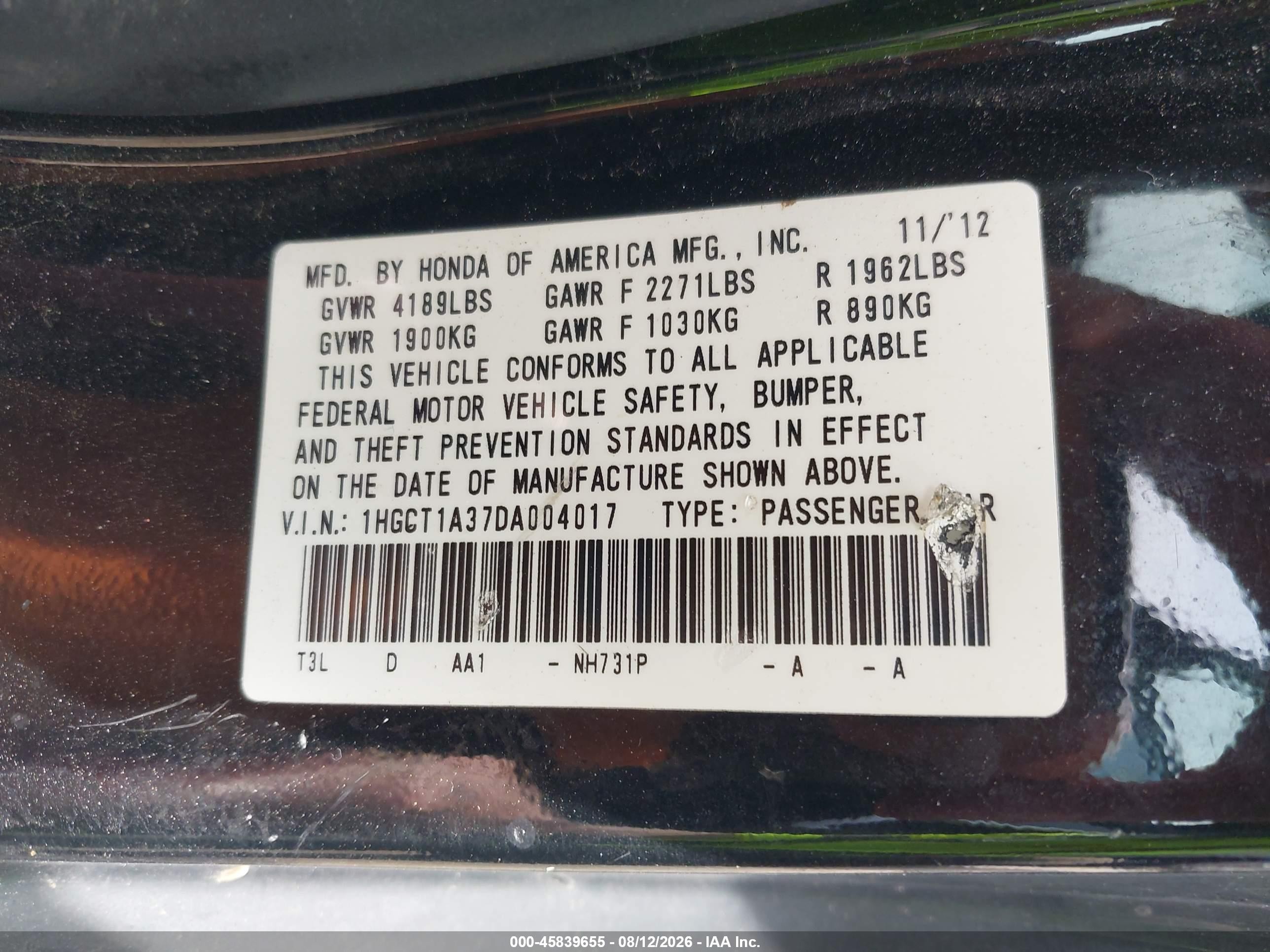 2013 Honda Accord Lx-s Black vin: 1HGCT1A37DA004017