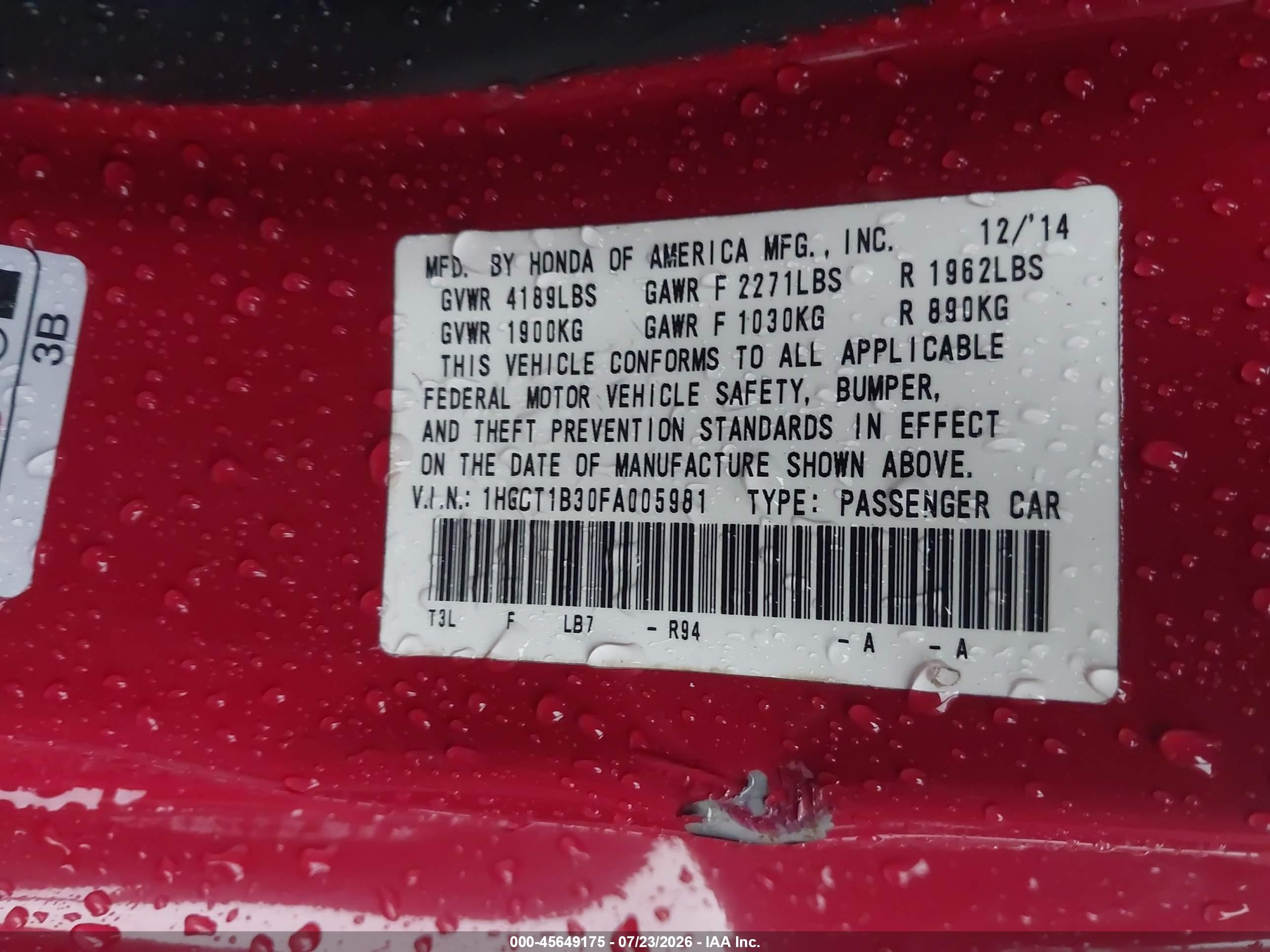 2015 Honda Accord Lx-s Red vin: 1HGCT1B30FA005981
