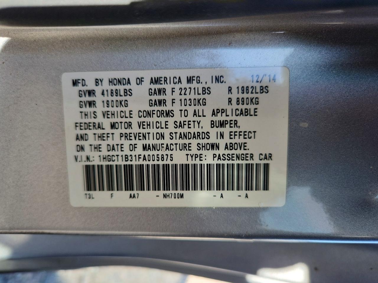 2015 Honda Accord Lx-s Silver vin: 1HGCT1B31FA005875