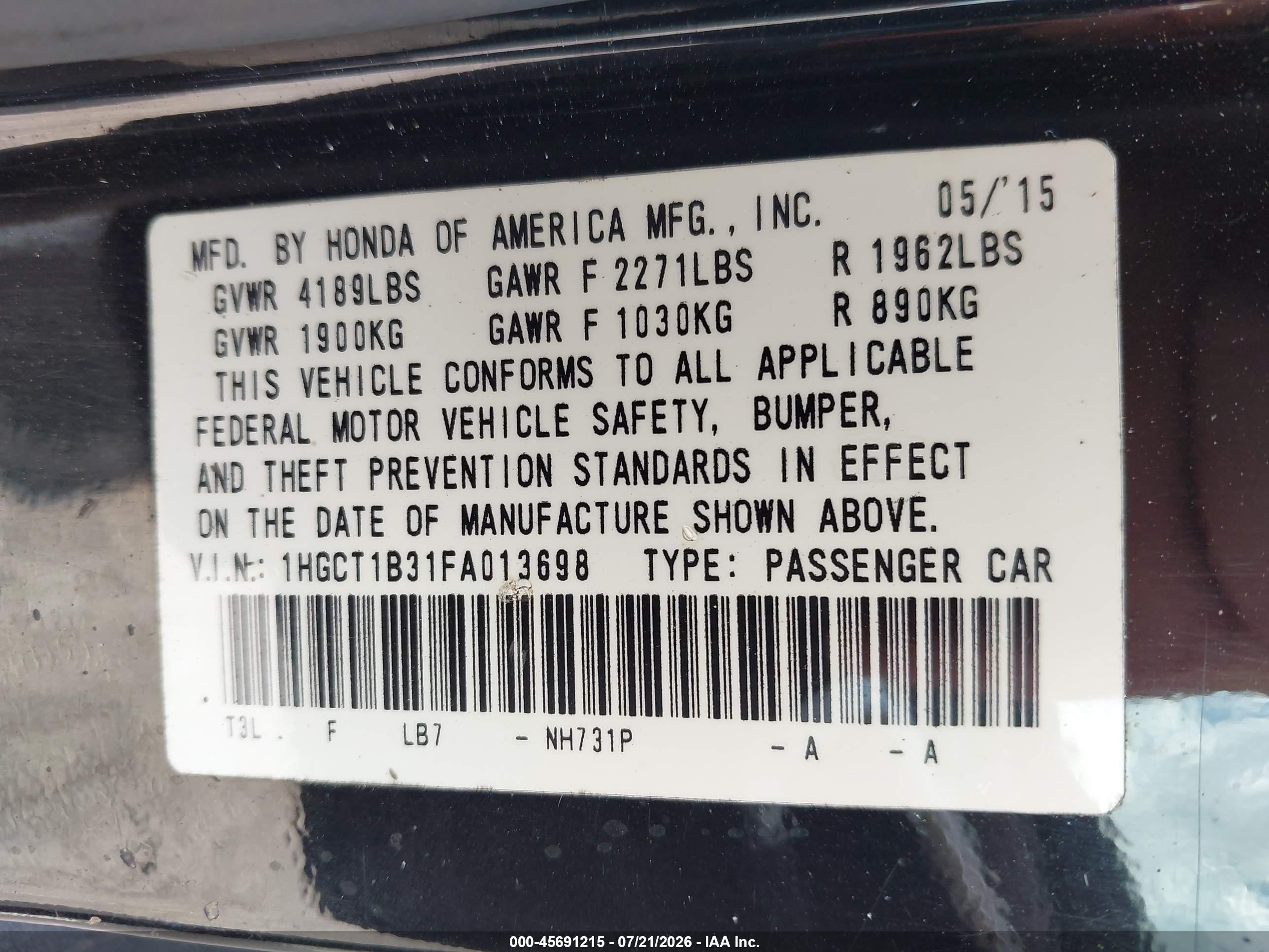 2015 Honda Accord Lx-s Черный vin: 1HGCT1B31FA013698