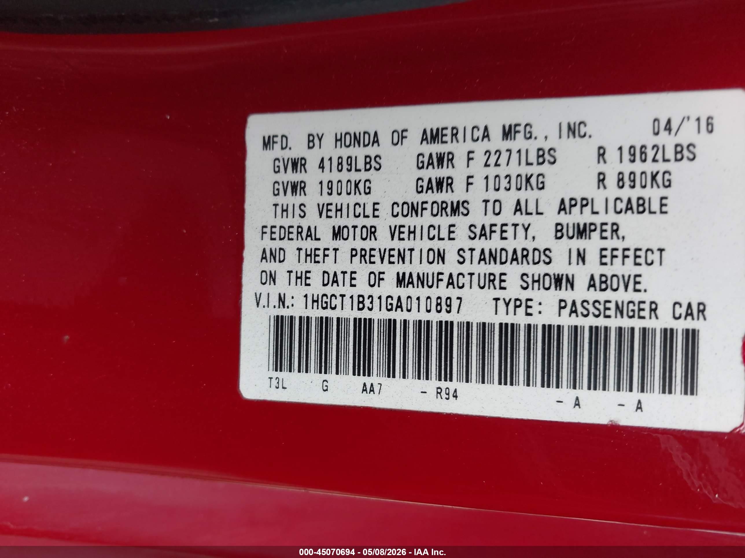 2016 Honda Accord Lx-s Red vin: 1HGCT1B31GA010897