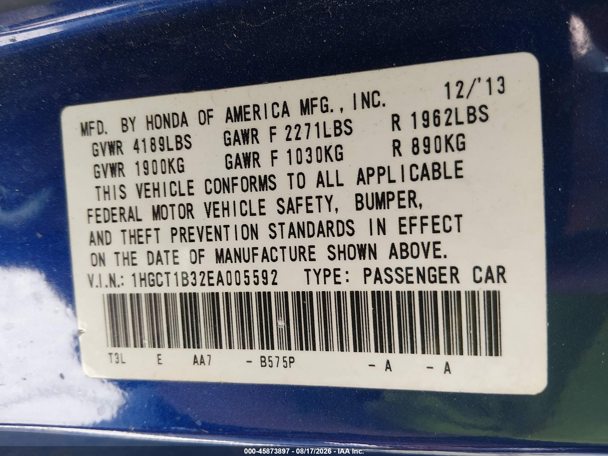 2014 Honda Accord Lx-s Blue vin: 1HGCT1B32EA005592