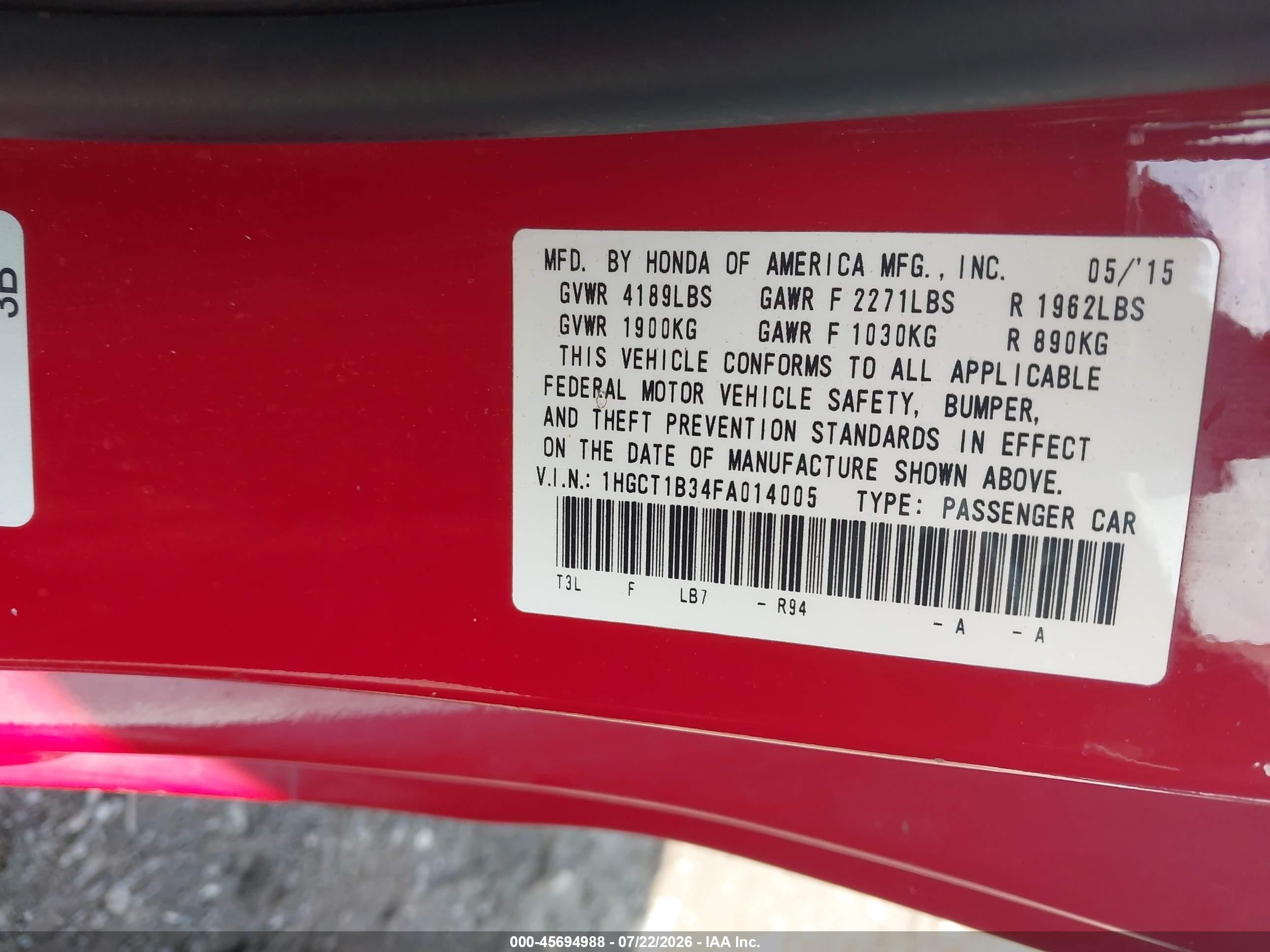 2015 Honda Accord Lx-s Red vin: 1HGCT1B34FA014005