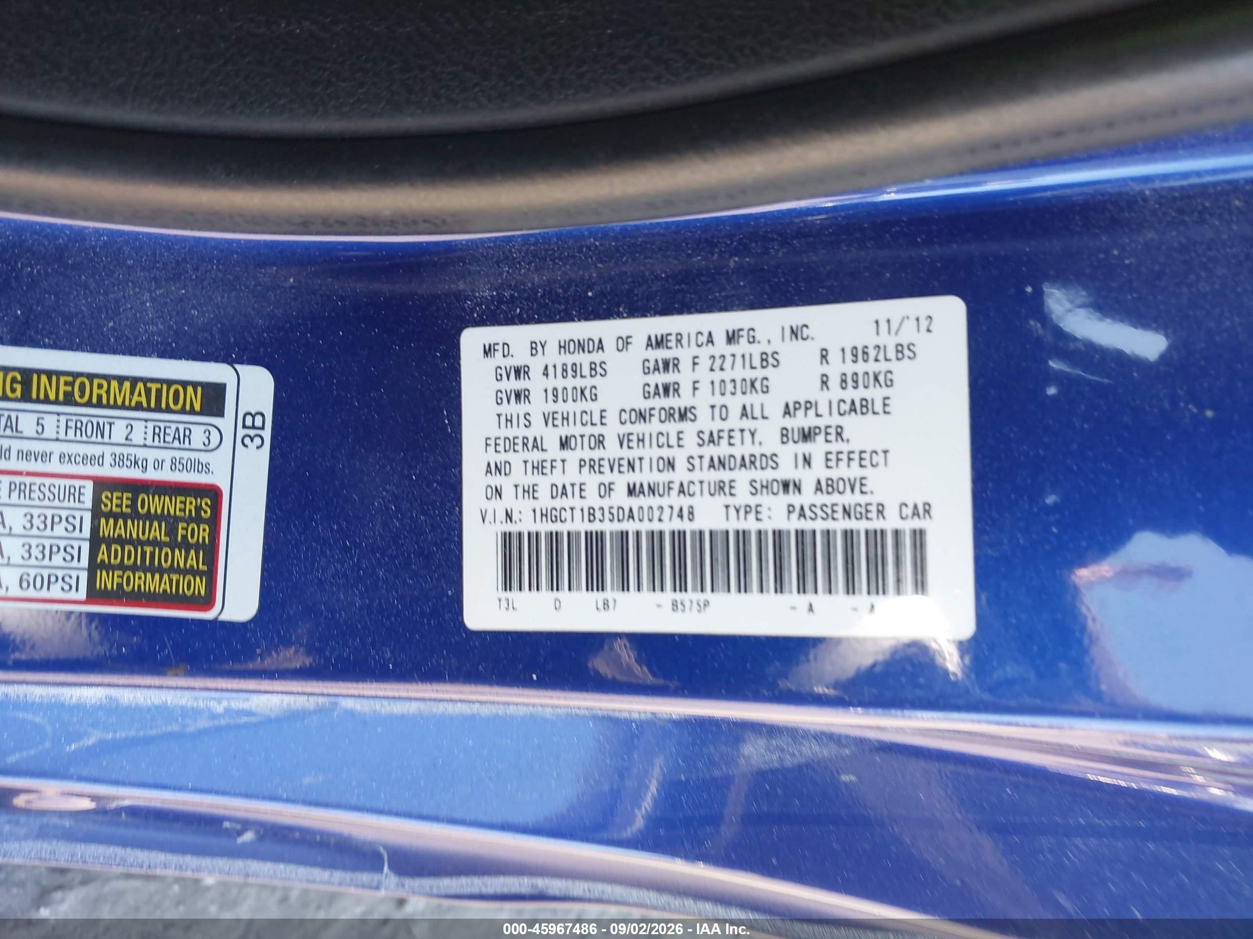 2013 Honda Accord Lx-s Синий vin: 1HGCT1B35DA002748