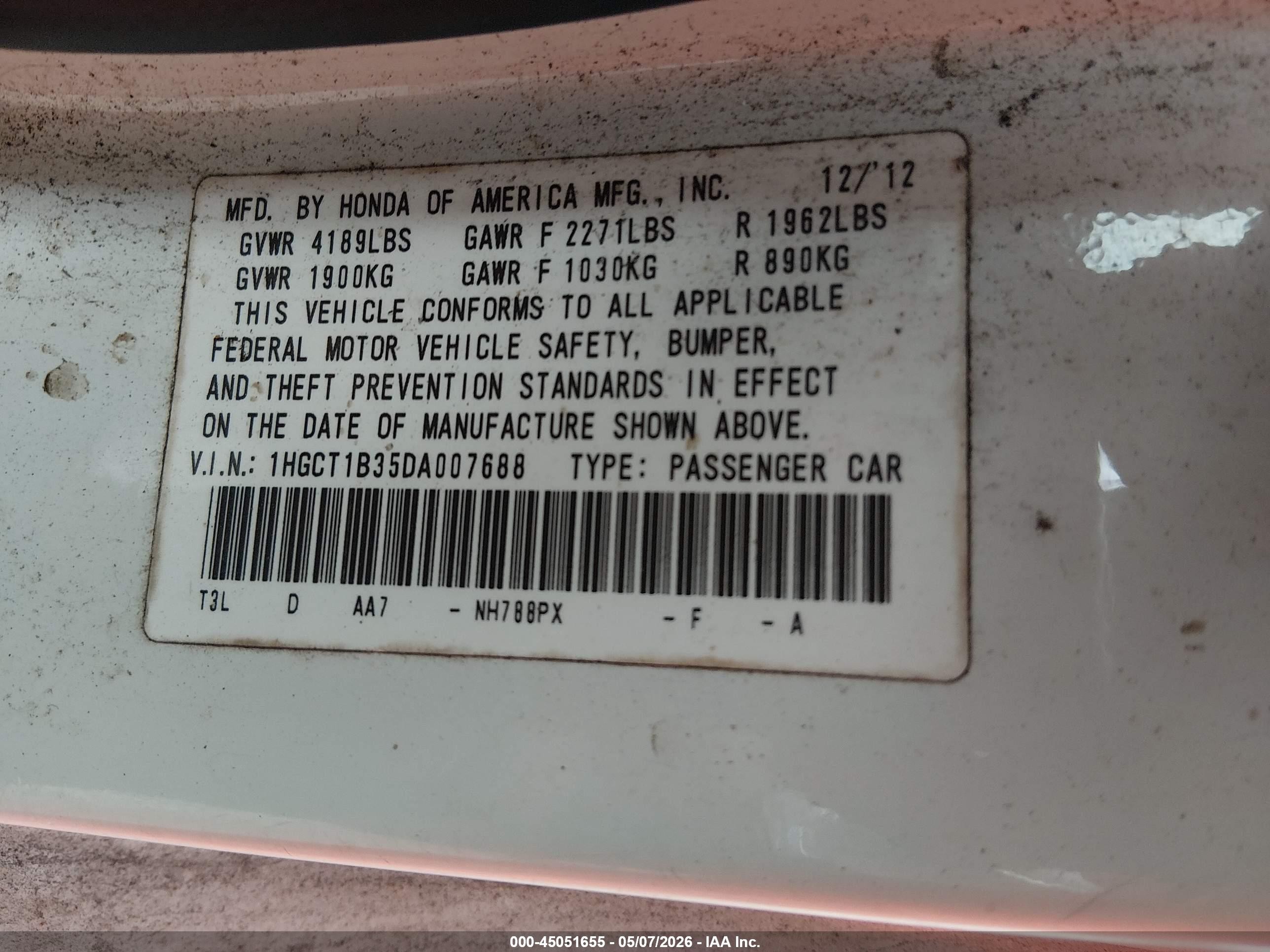 2013 Honda Accord Lx-s White vin: 1HGCT1B35DA007688