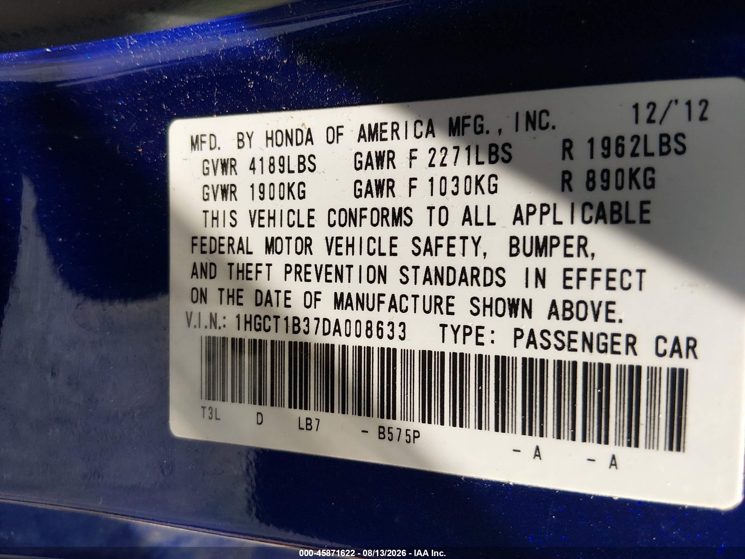 2013 Honda Accord Lx-s Blue vin: 1HGCT1B37DA008633