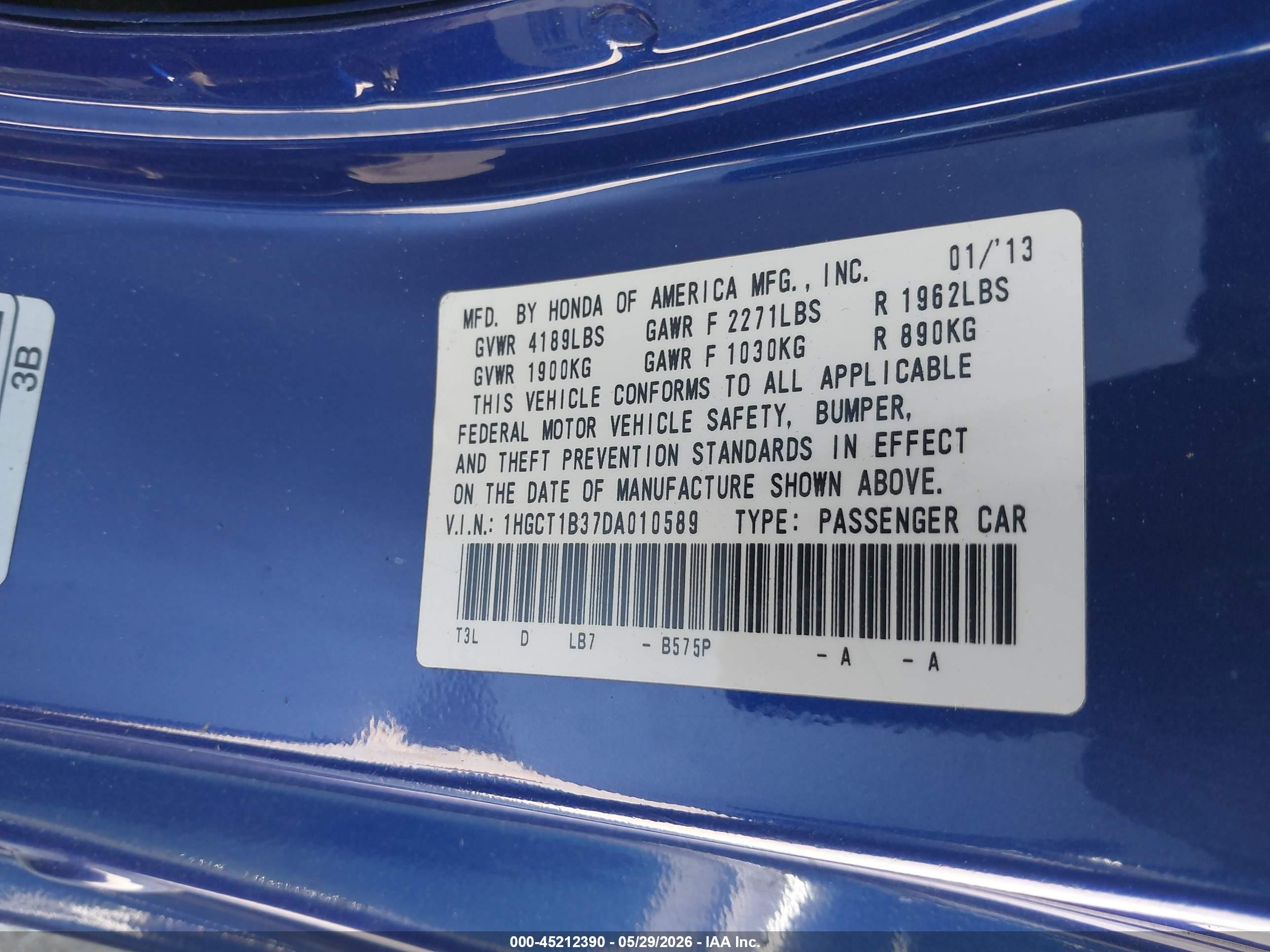 2013 Honda Accord Lx-s Blue vin: 1HGCT1B37DA010589