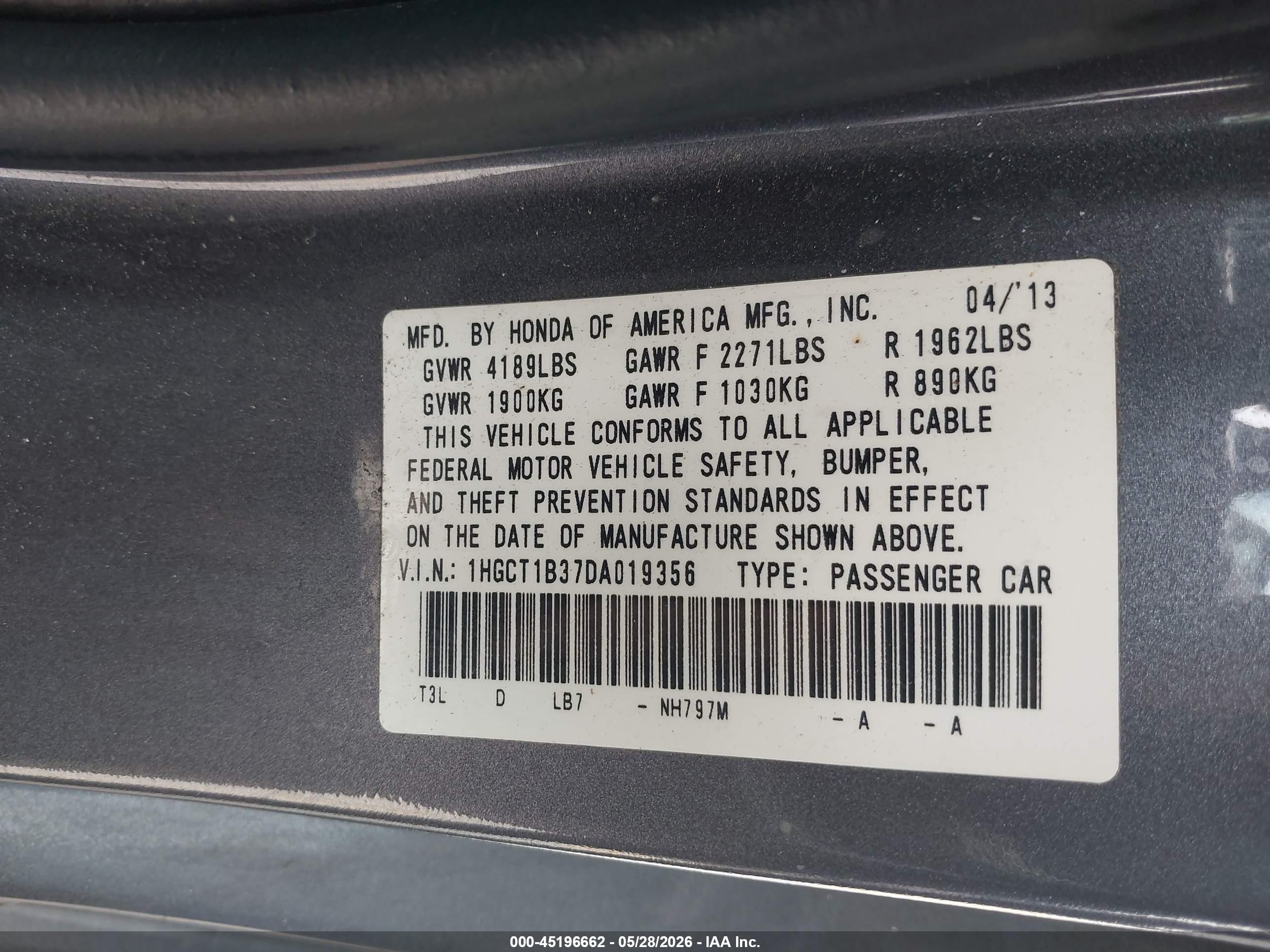 2013 Honda Accord Lx-s Gray vin: 1HGCT1B37DA019356
