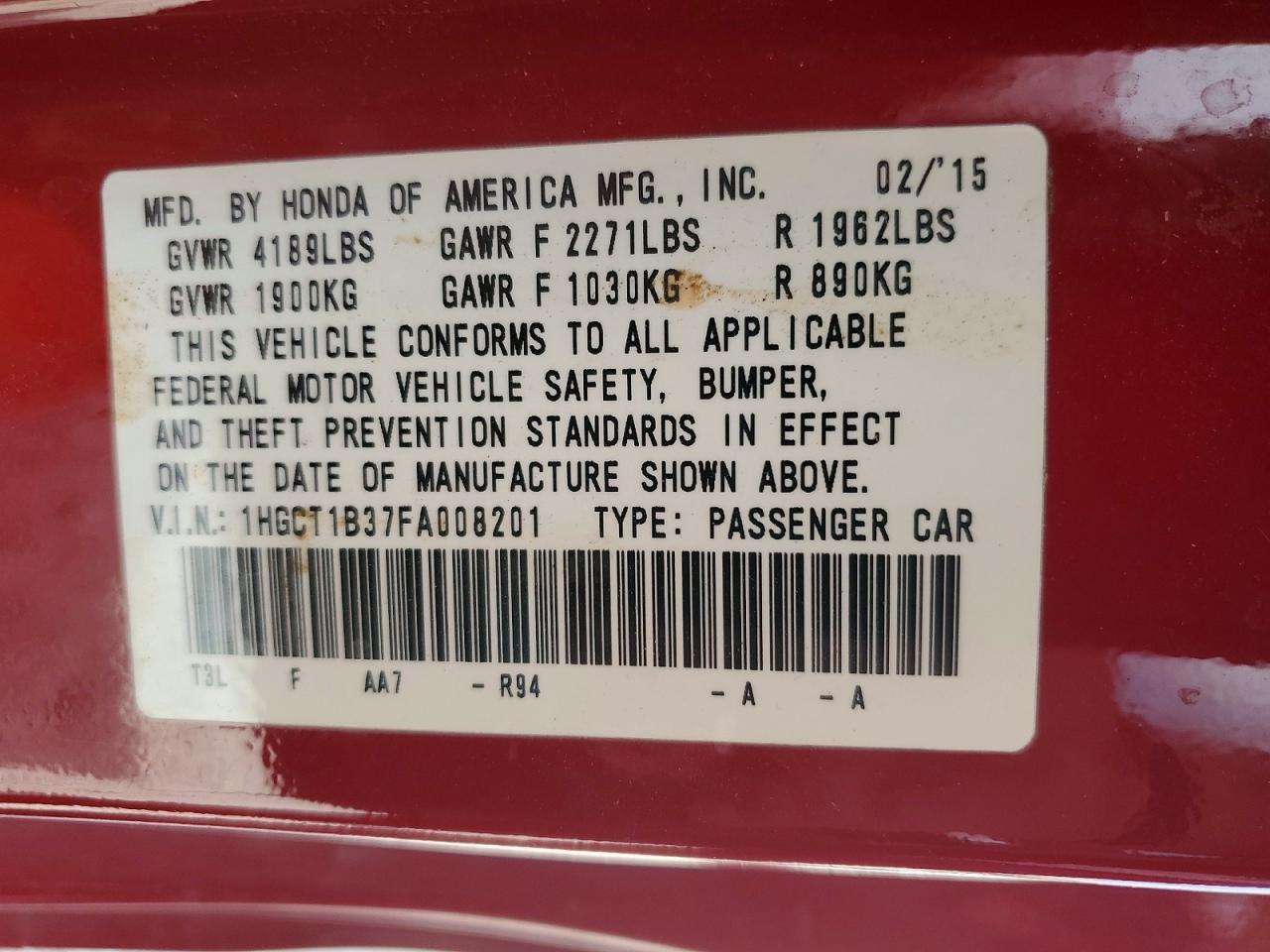 2015 Honda Accord Lx-s Maroon vin: 1HGCT1B37FA008201