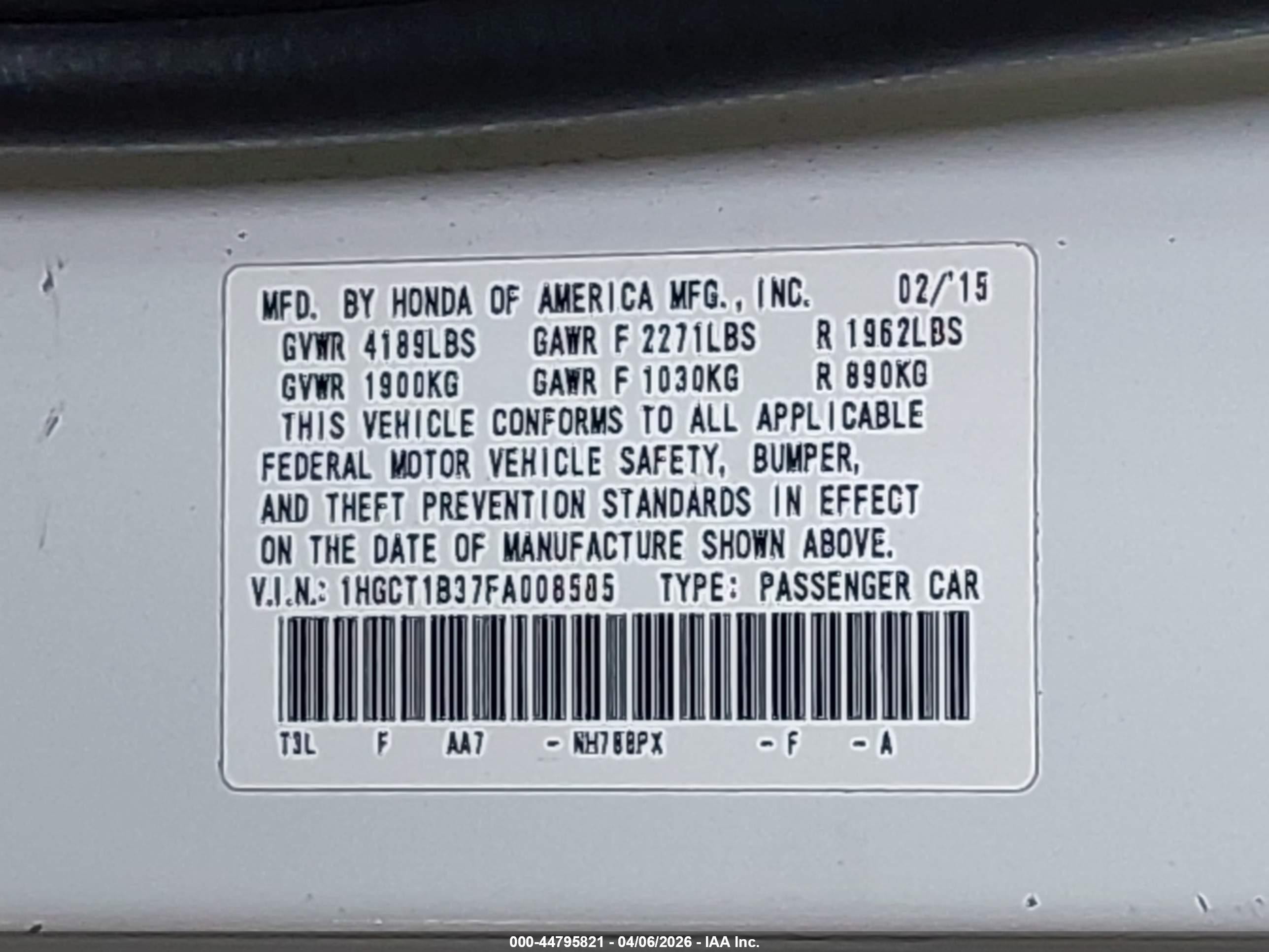 2015 Honda Accord Lx-s Белый vin: 1HGCT1B37FA008585