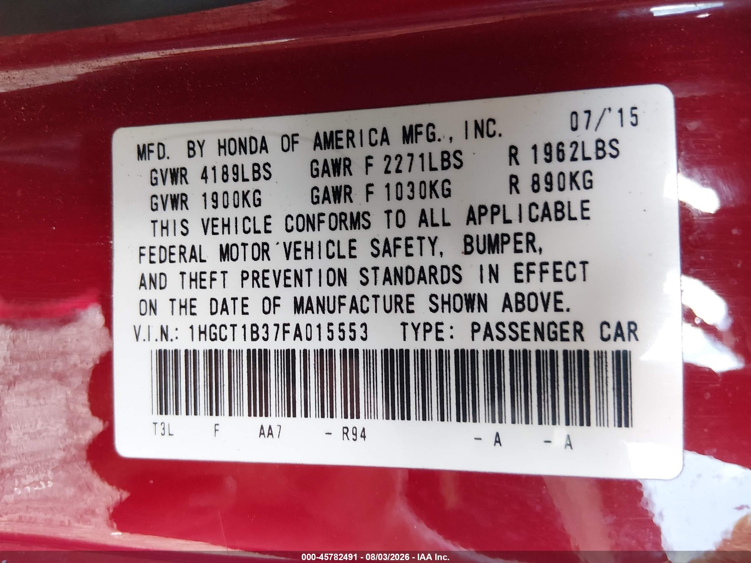 2015 Honda Accord Lx-s Red vin: 1HGCT1B37FA015553