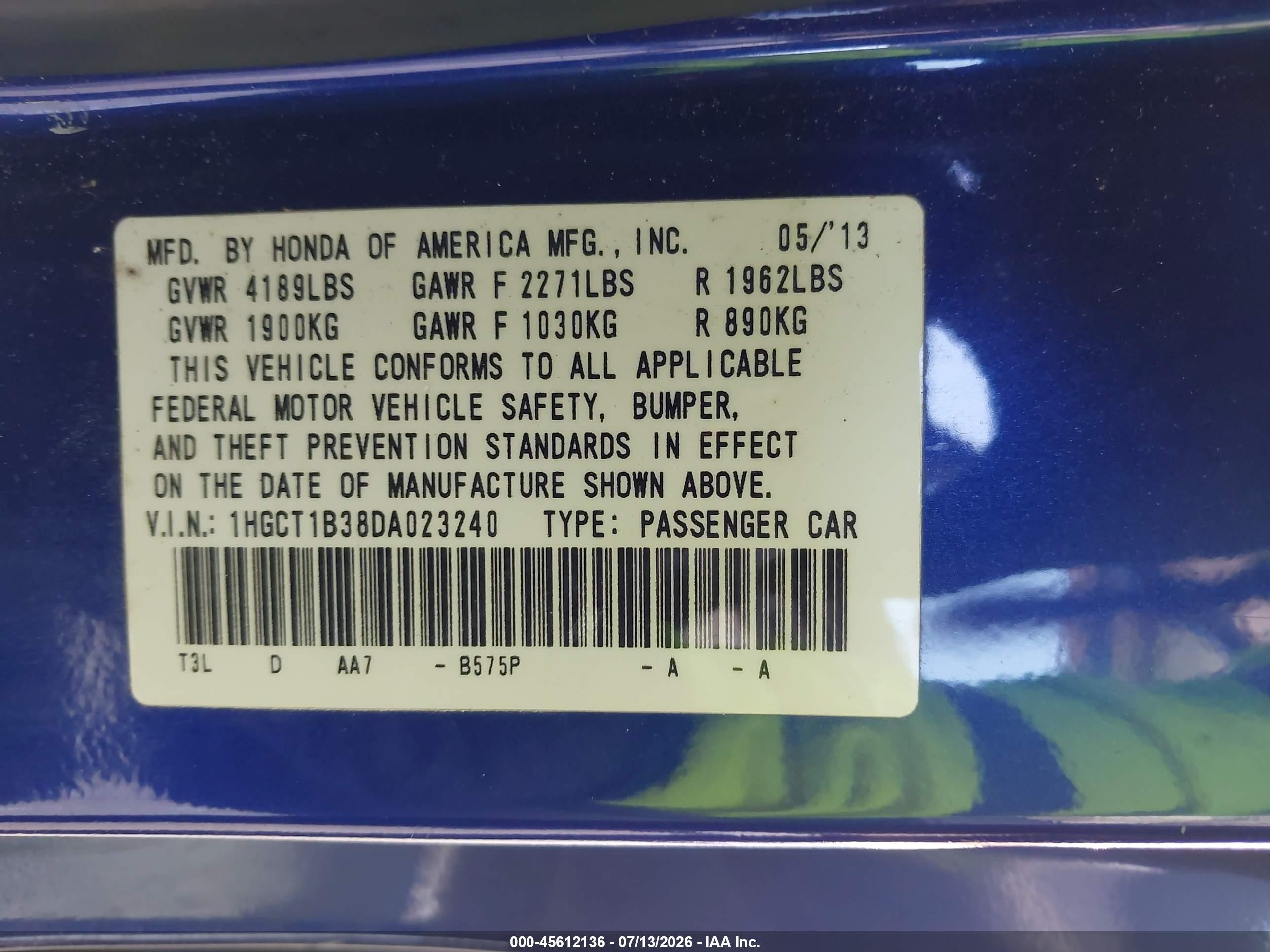 2013 Honda Accord Lx-s Blue vin: 1HGCT1B38DA023240