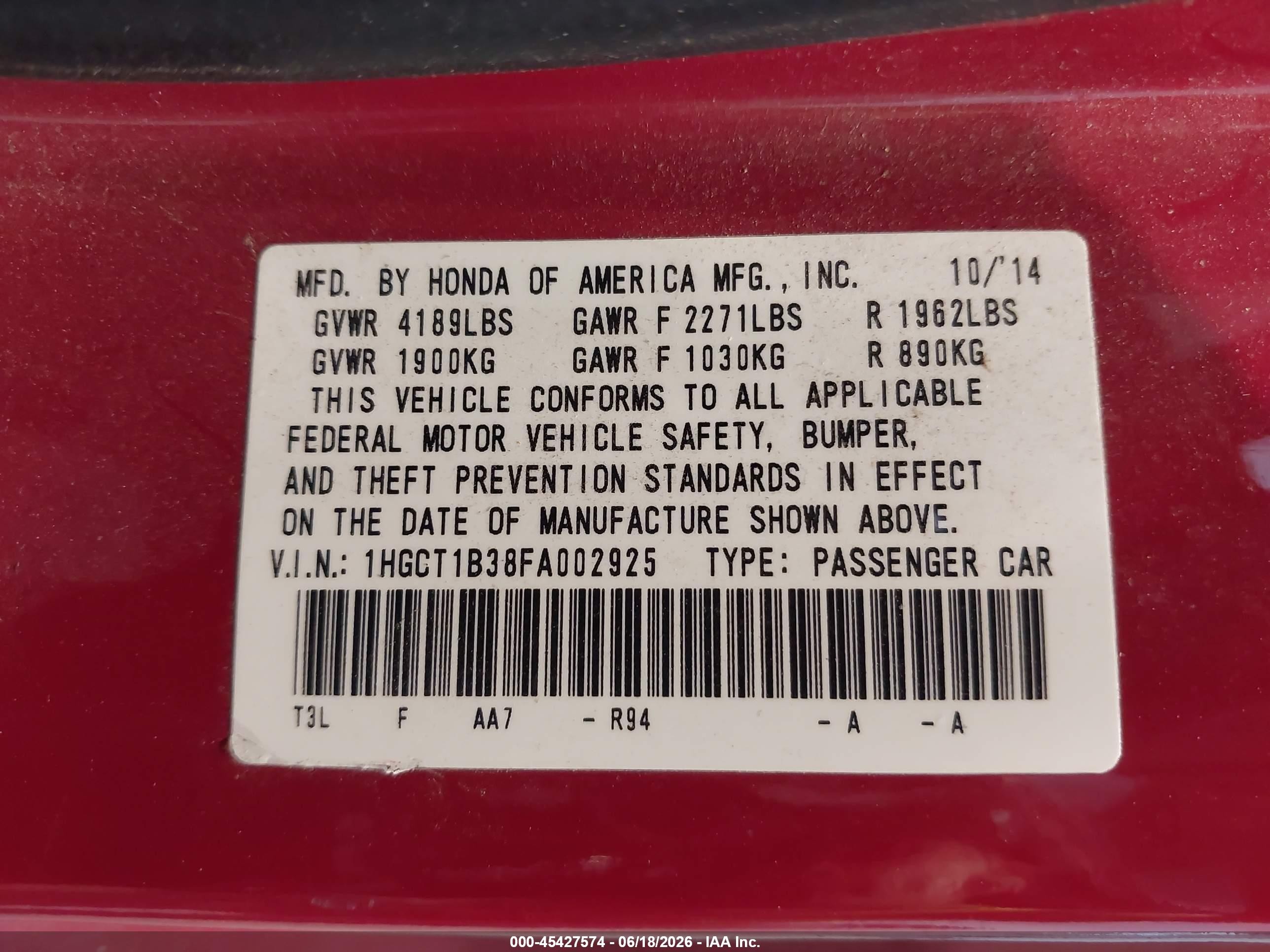 2015 Honda Accord Lx-s Red vin: 1HGCT1B38FA002925