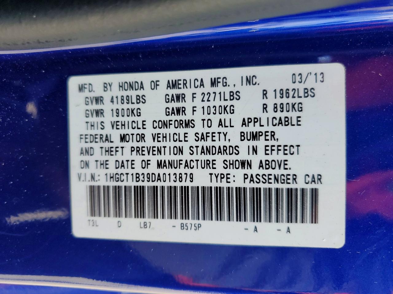 2013 Honda Accord Lx-s Blue vin: 1HGCT1B39DA013879