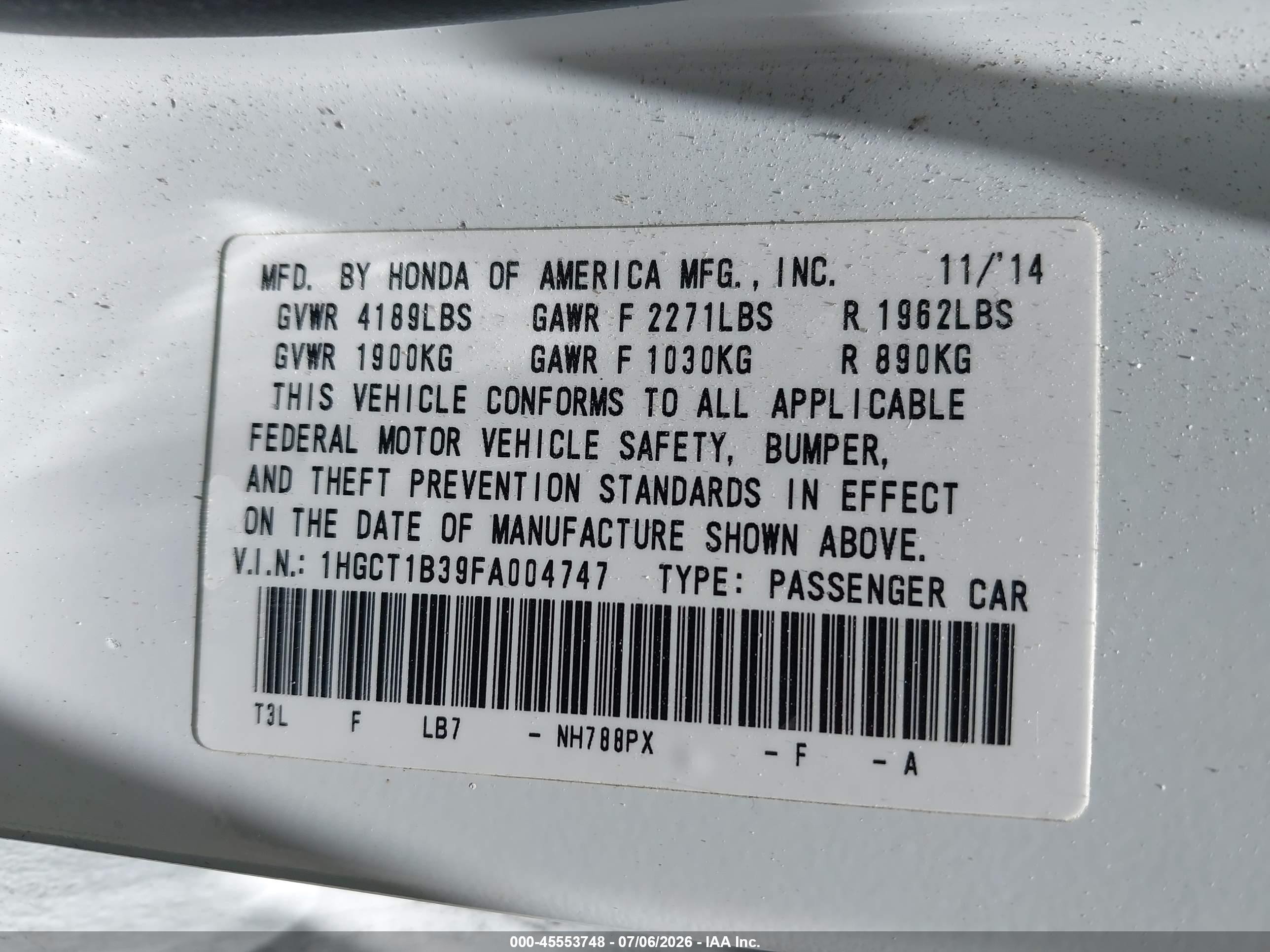 2015 Honda Accord Lx-s White vin: 1HGCT1B39FA004747