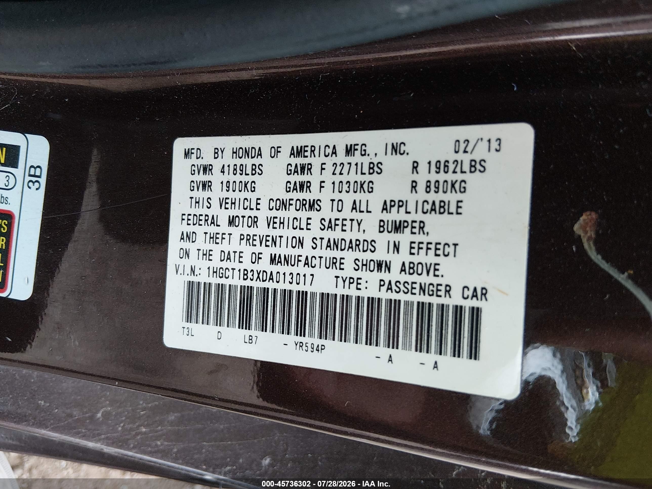 2013 Honda Accord Lx-s Коричневый vin: 1HGCT1B3XDA013017