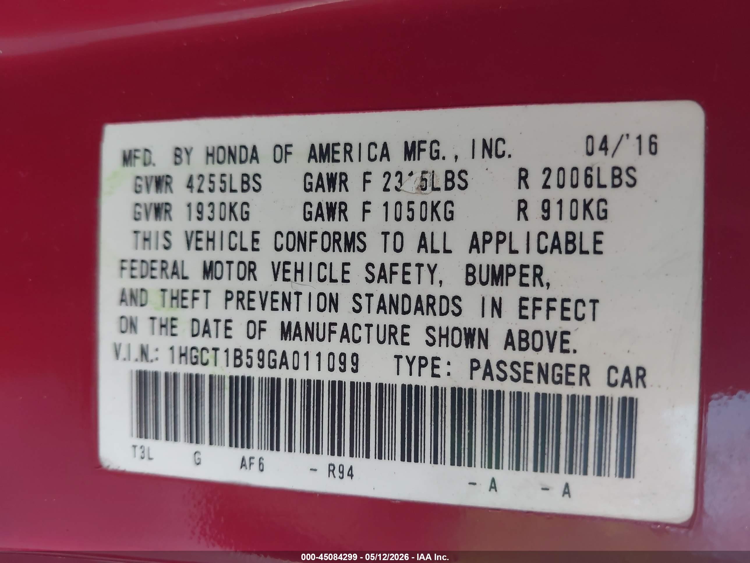 2016 Honda Accord Ex Red vin: 1HGCT1B59GA011099