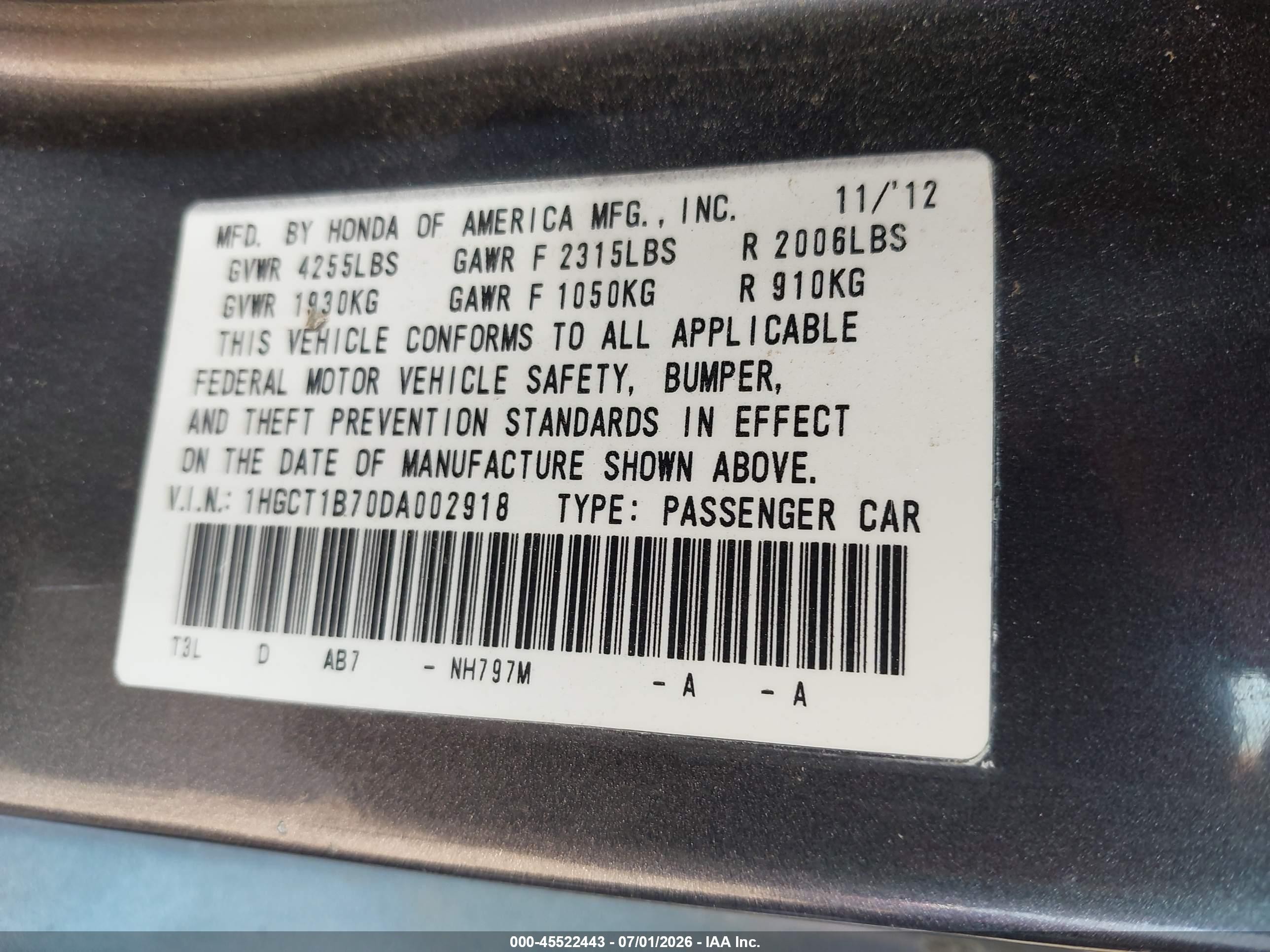 2013 Honda Accord Ex Gray vin: 1HGCT1B70DA002918
