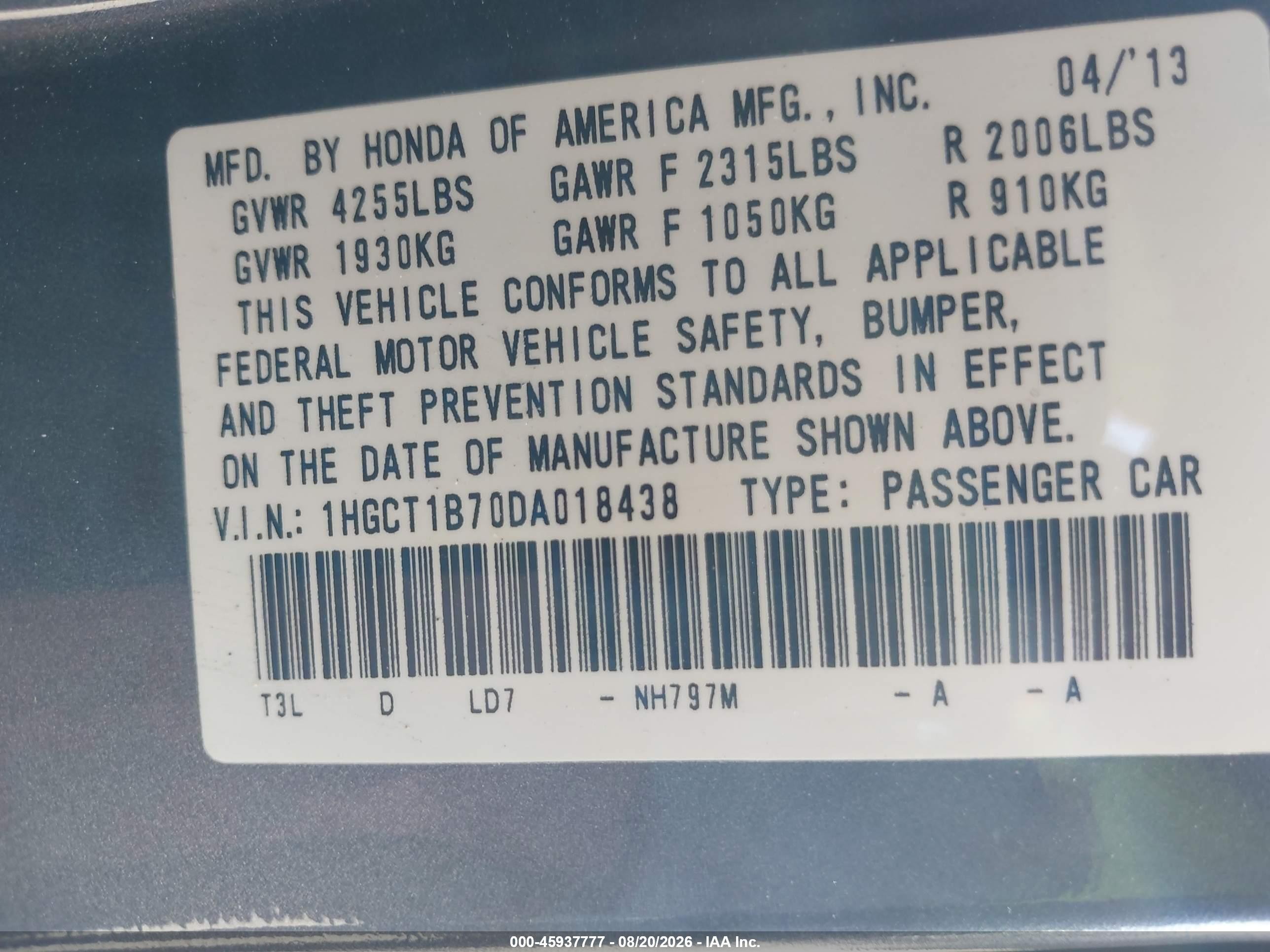 2013 Honda Accord Ex Gray vin: 1HGCT1B70DA018438