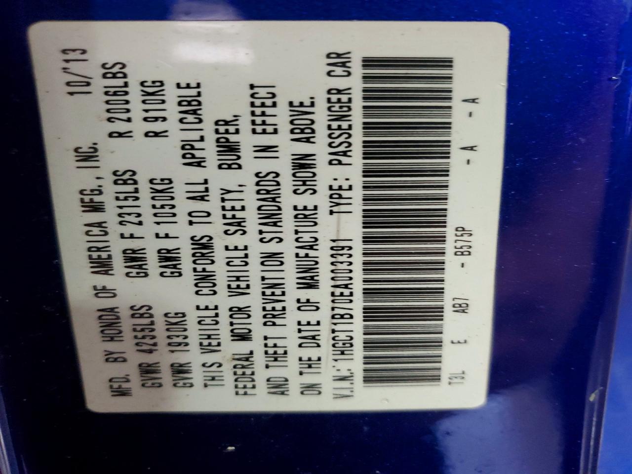 2014 Honda Accord Ex Blue vin: 1HGCT1B70EA003391