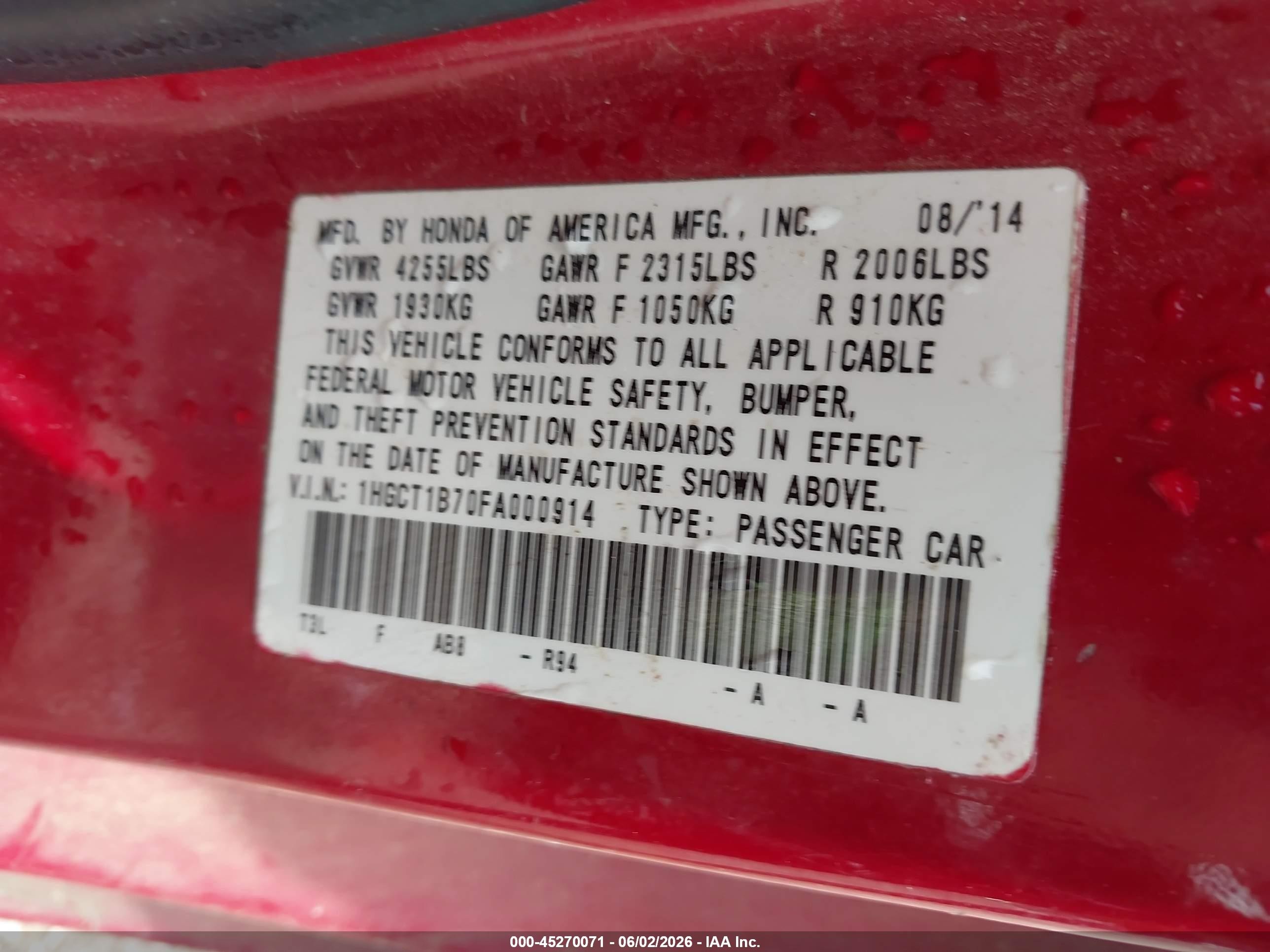 2015 Honda Accord Ex Red vin: 1HGCT1B70FA000914