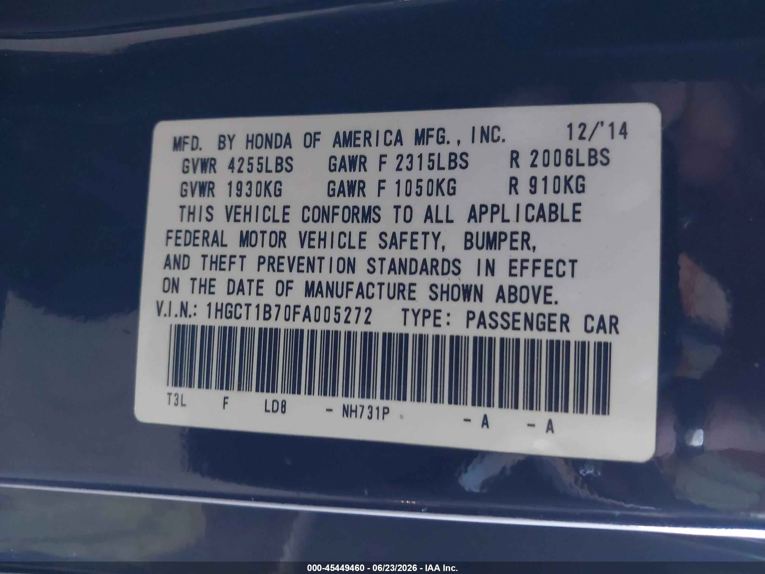 2015 Honda Accord Ex Черный vin: 1HGCT1B70FA005272