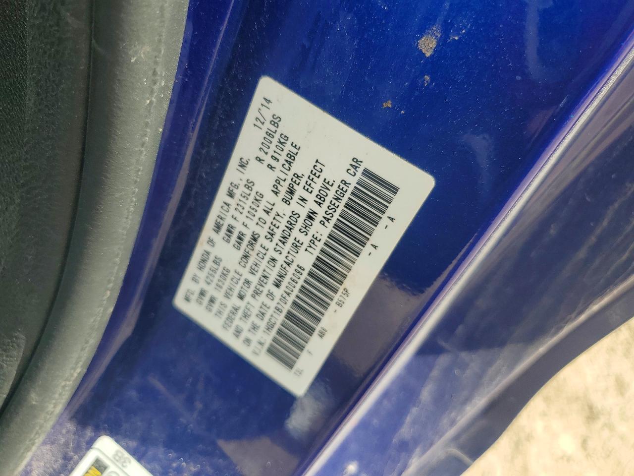 2015 Honda Accord Ex Blue vin: 1HGCT1B70FA006096