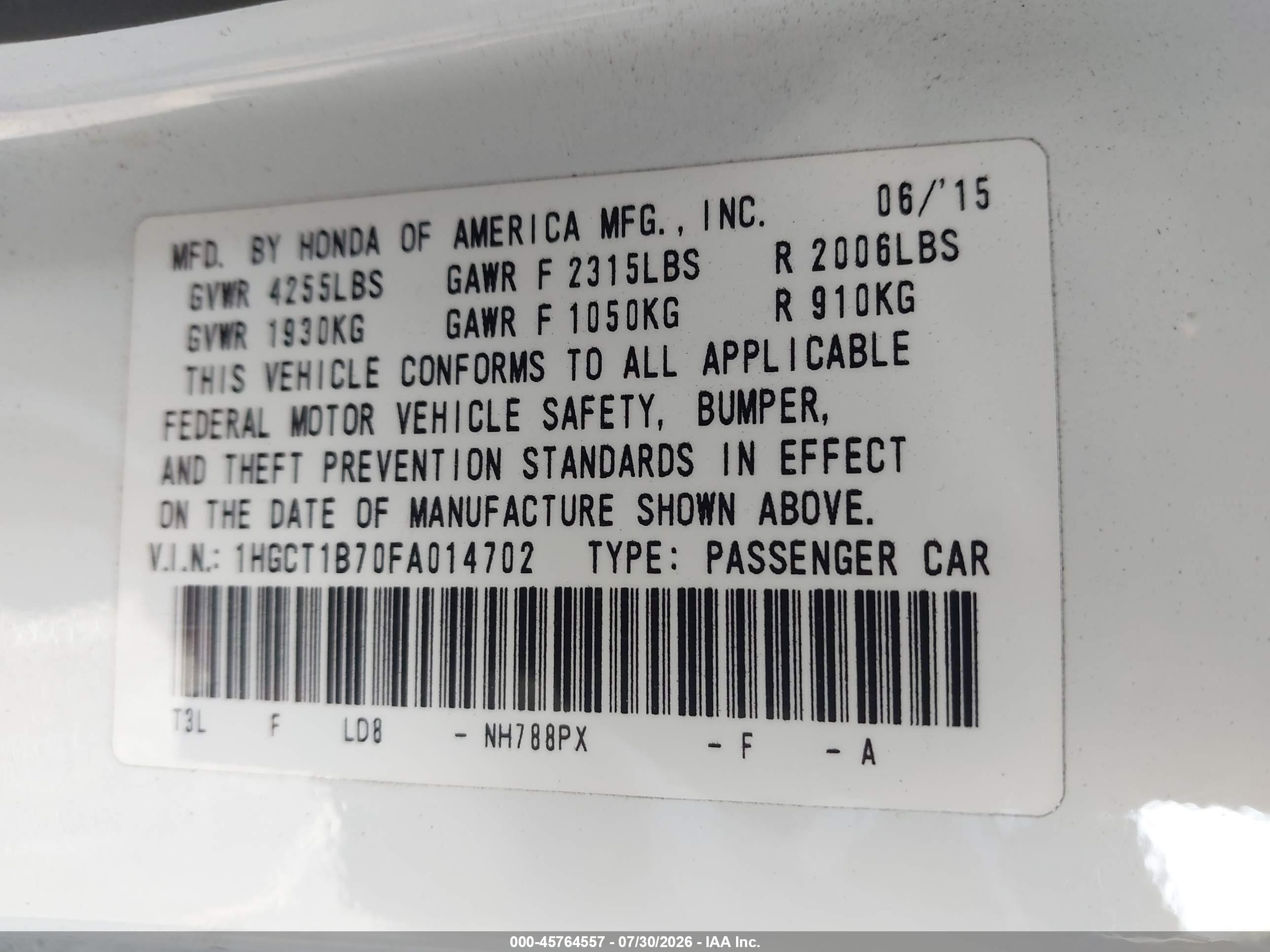 2015 Honda Accord Ex White vin: 1HGCT1B70FA014702