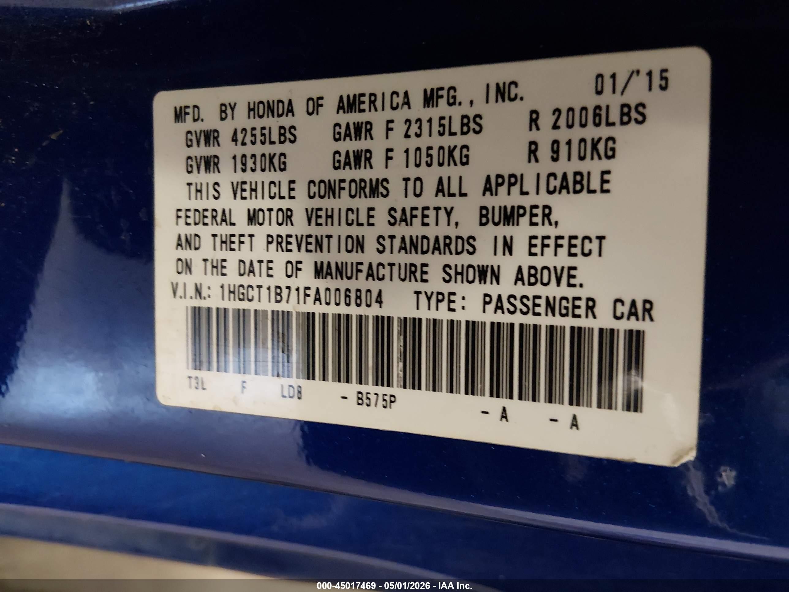 2015 Honda Accord Ex Blue vin: 1HGCT1B71FA006804