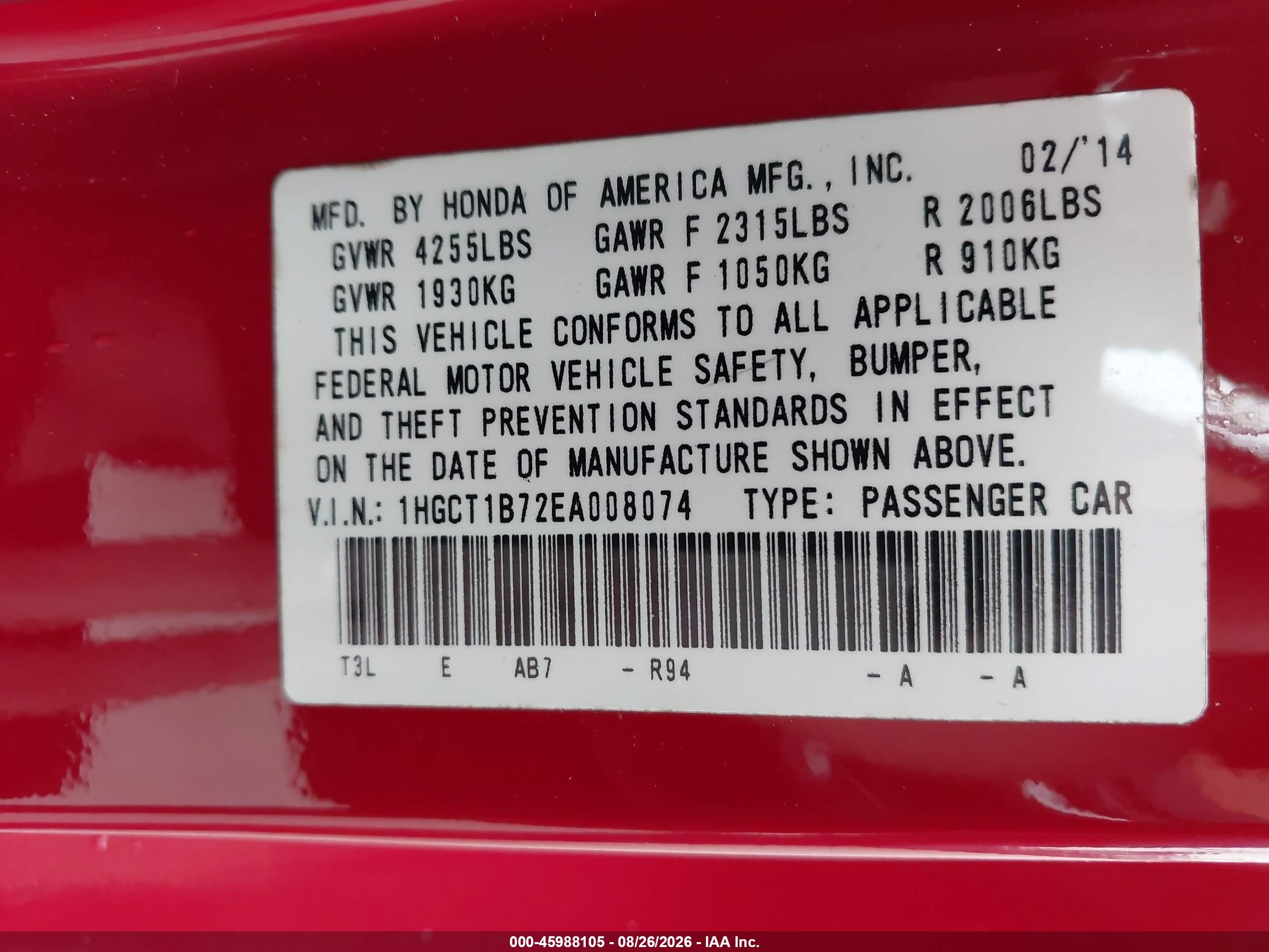 2014 Honda Accord Ex Red vin: 1HGCT1B72EA008074