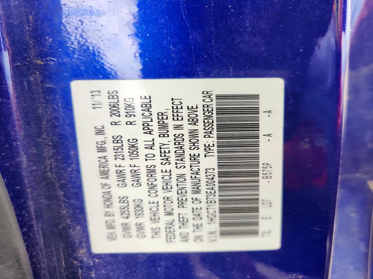 2014 Honda Accord Ex Blue vin: 1HGCT1B73EA004373