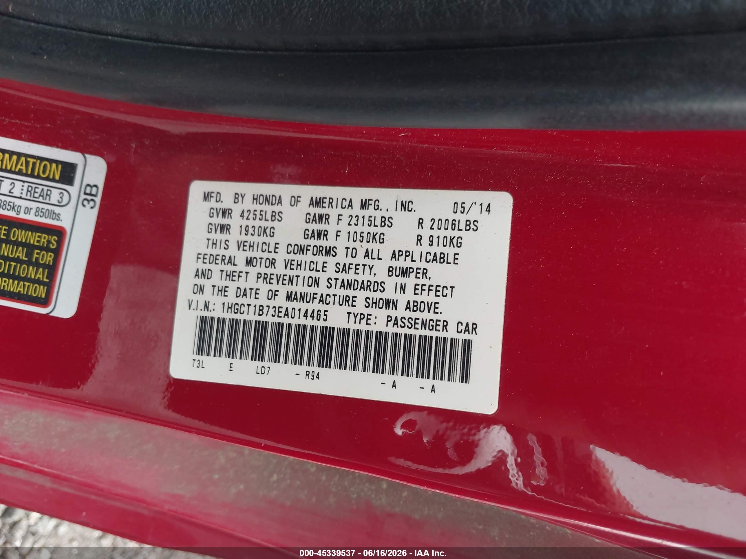2014 Honda Accord Ex Red vin: 1HGCT1B73EA014465