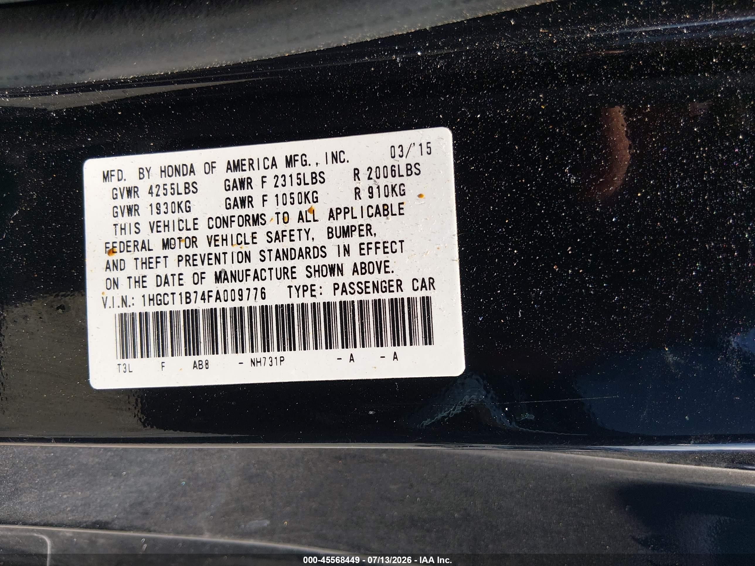 2015 Honda Accord Ex Black vin: 1HGCT1B74FA009776
