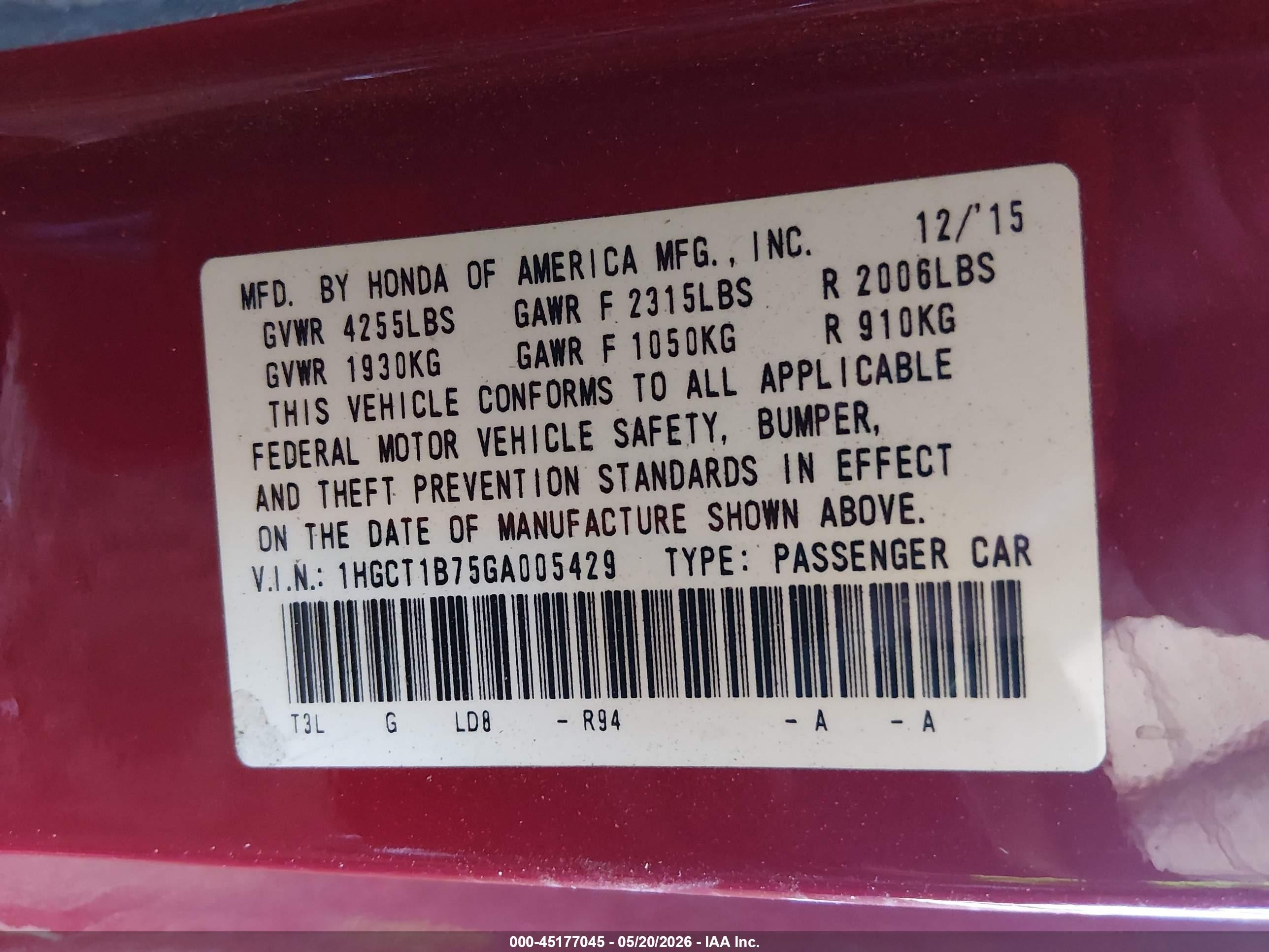 2016 Honda Accord Ex Red vin: 1HGCT1B75GA005429