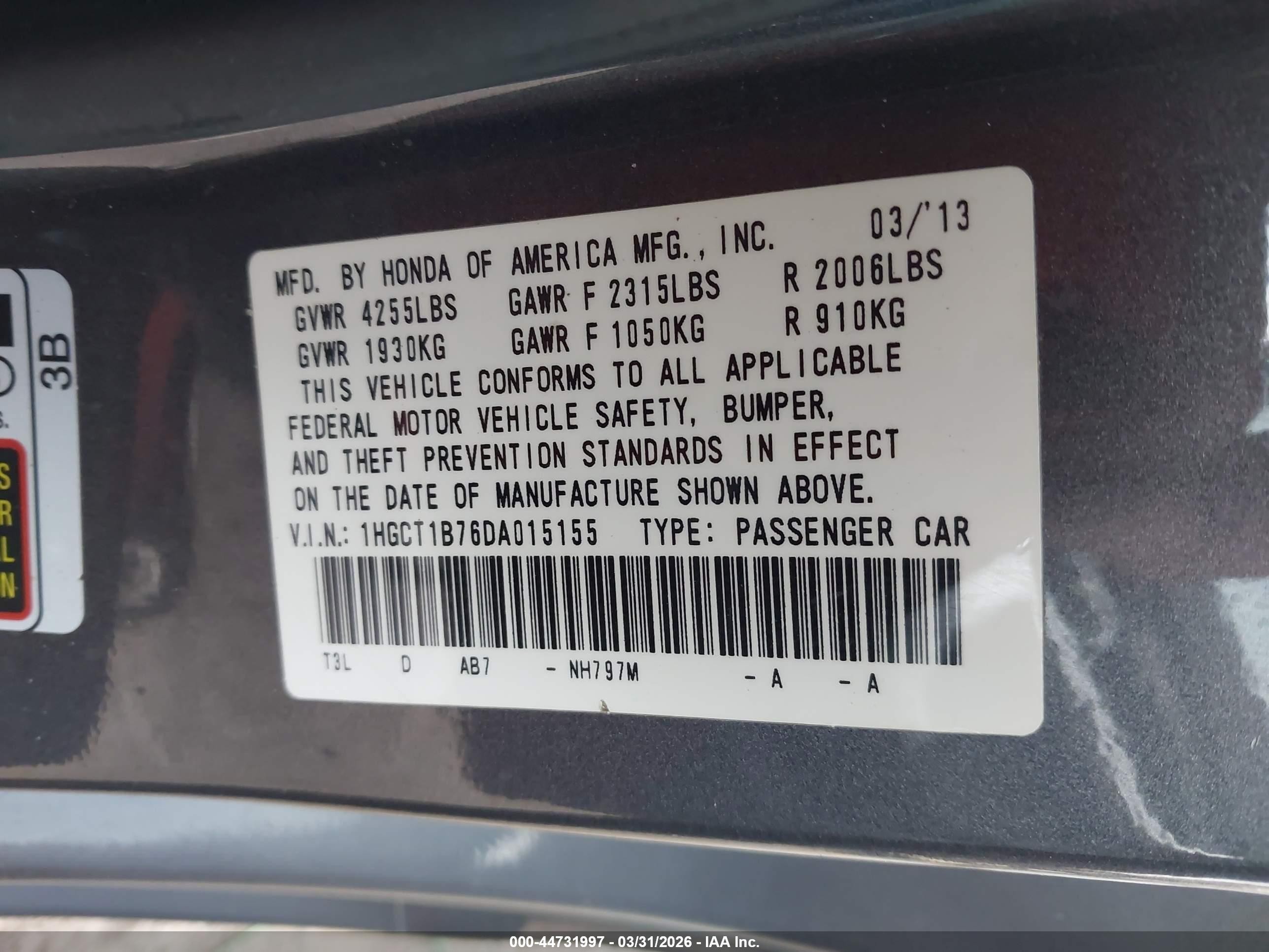 2013 Honda Accord Ex Gray vin: 1HGCT1B76DA015155