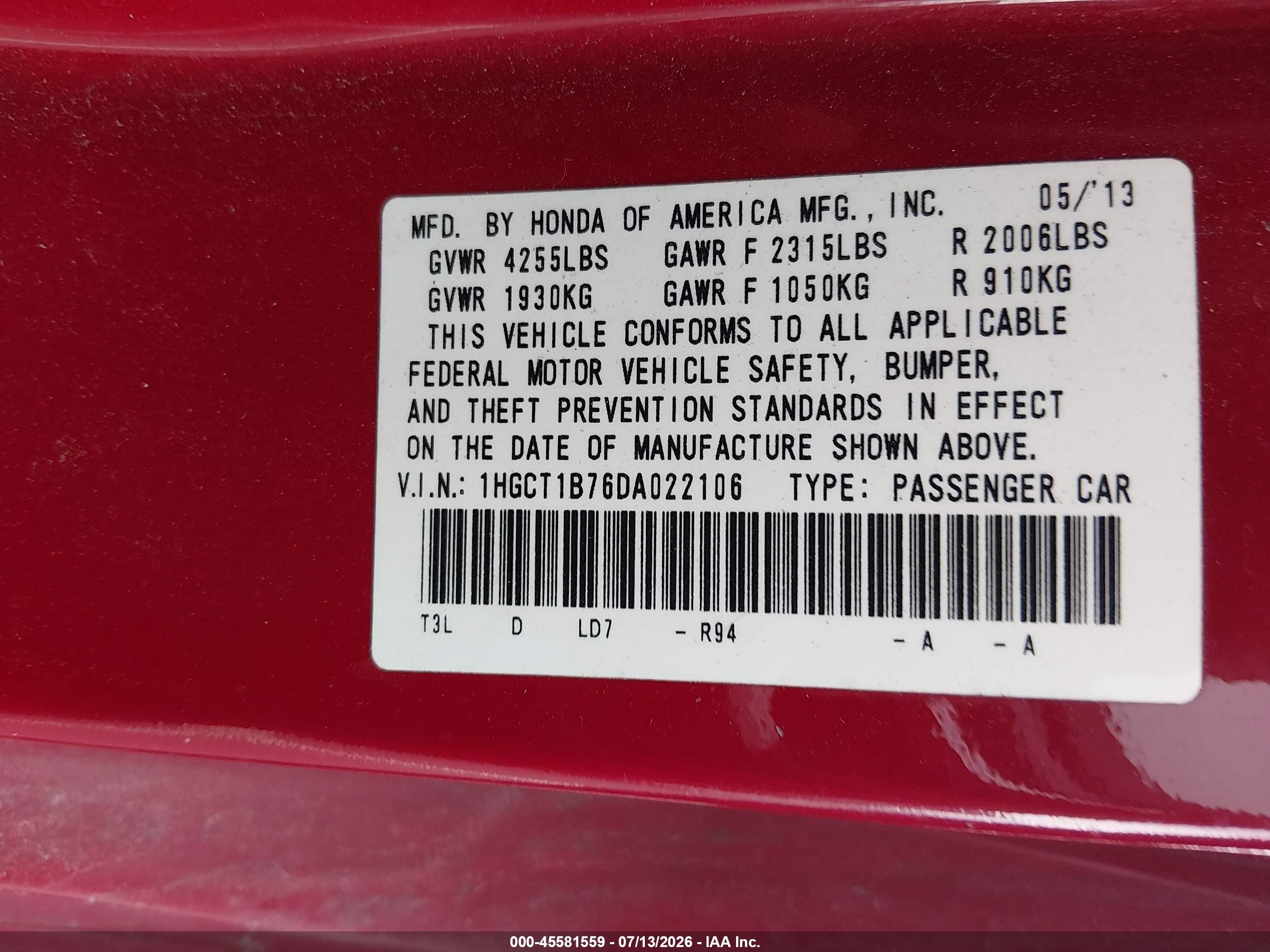 2013 Honda Accord Ex Red vin: 1HGCT1B76DA022106
