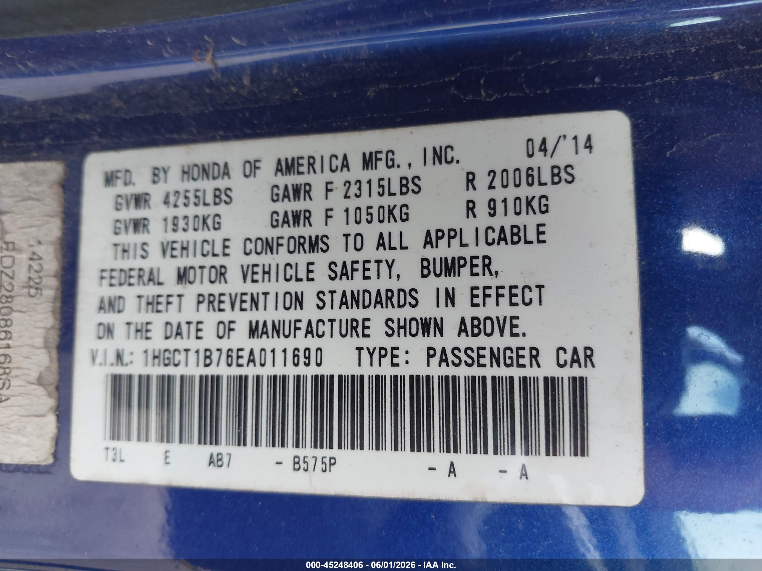 2014 Honda Accord Ex Blue vin: 1HGCT1B76EA011690