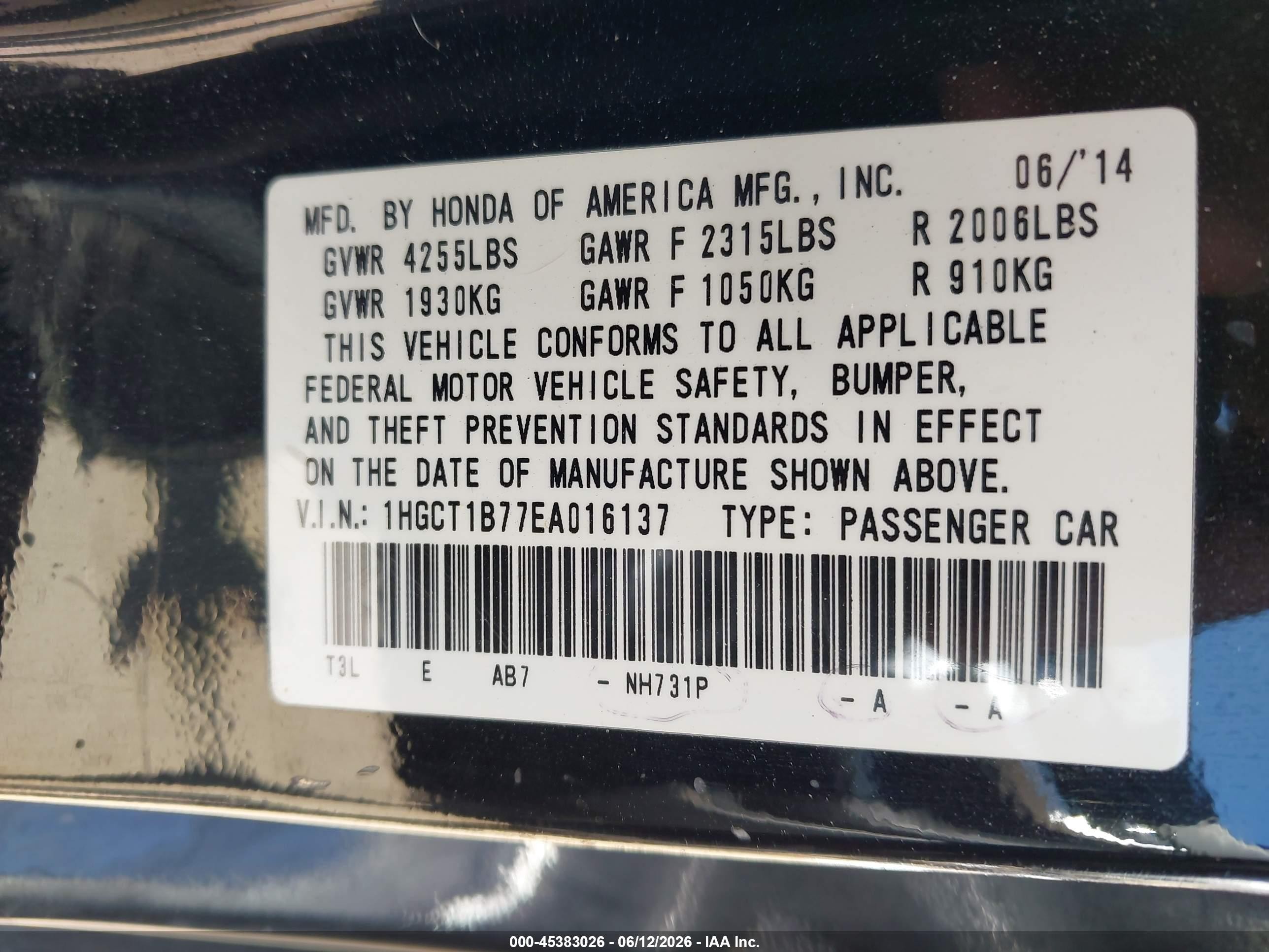 2014 Honda Accord Ex Black vin: 1HGCT1B77EA016137
