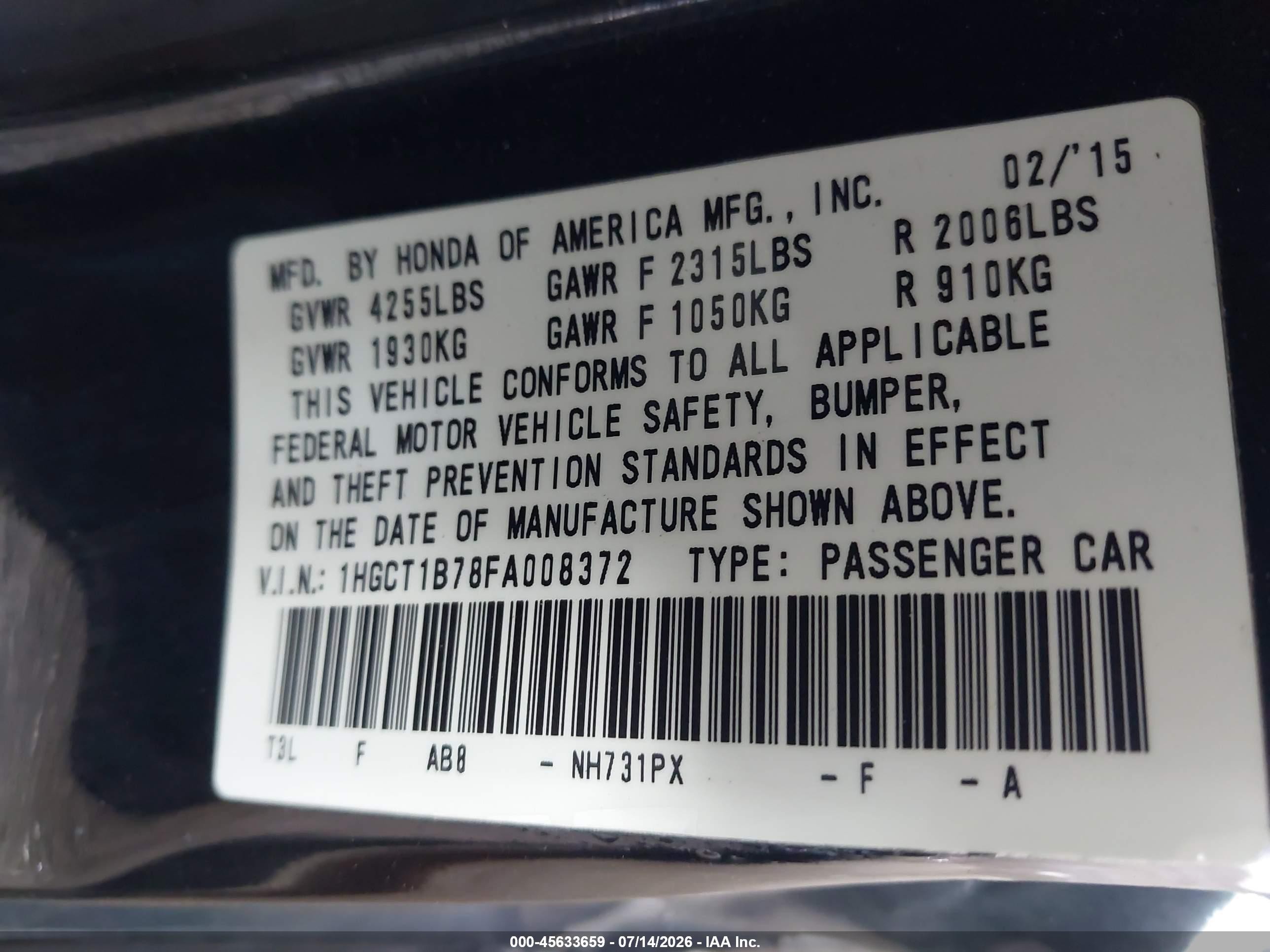 2015 Honda Accord Ex Черный vin: 1HGCT1B78FA008372
