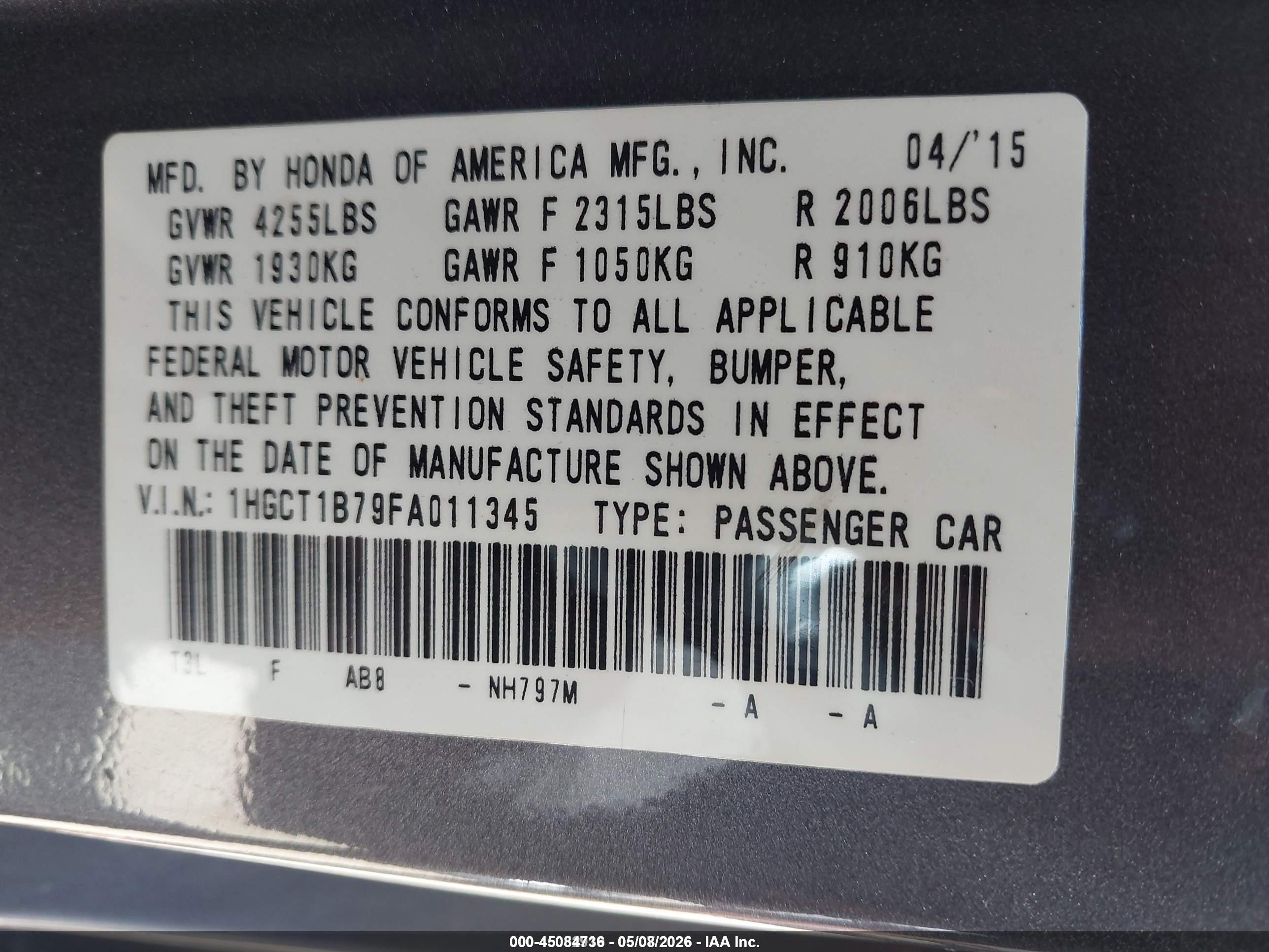 2015 Honda Accord Ex Gray vin: 1HGCT1B79FA011345