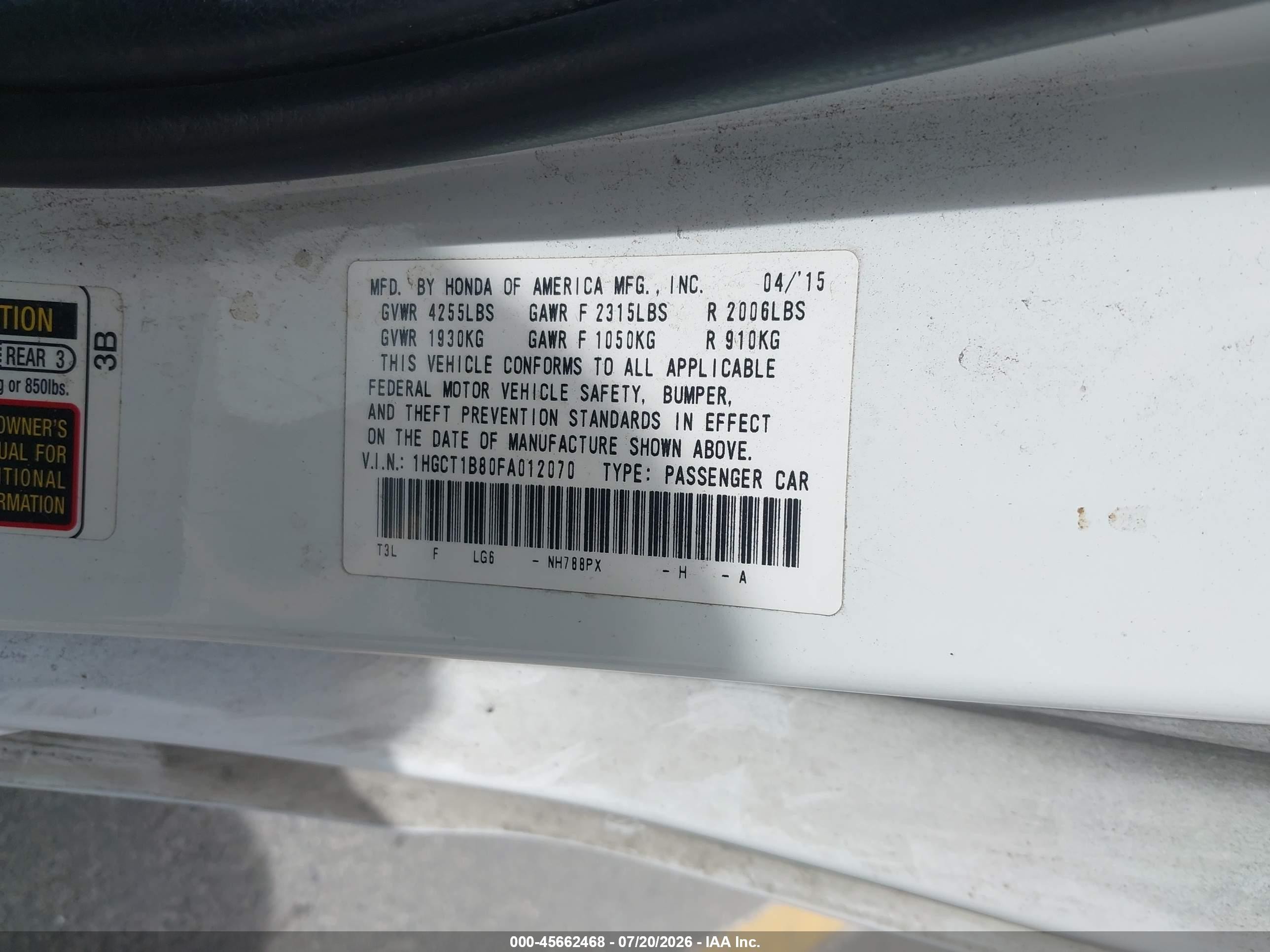 2015 Honda Accord Ex-l White vin: 1HGCT1B80FA012070