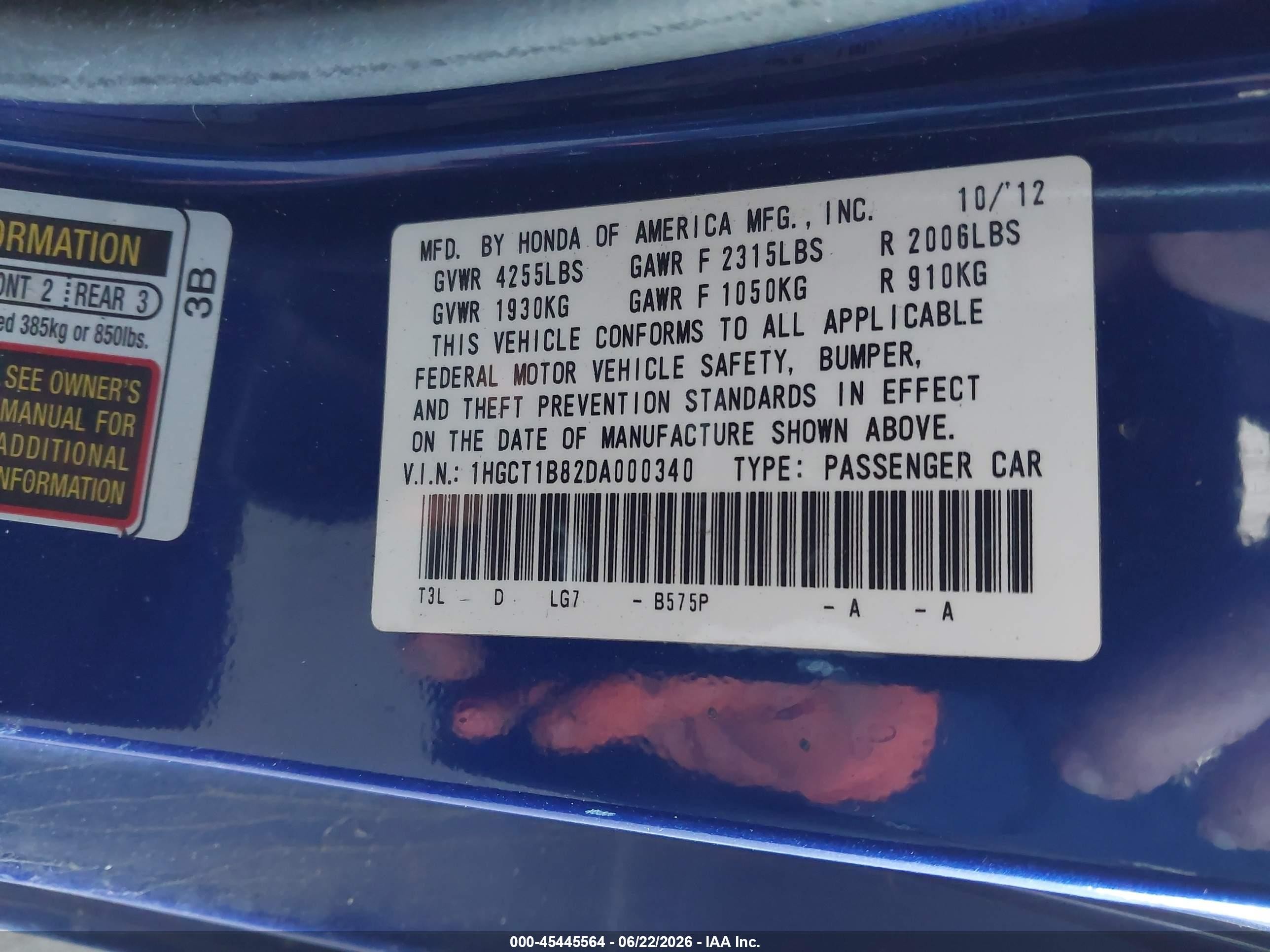2013 Honda Accord Ex-l Blue vin: 1HGCT1B82DA000340